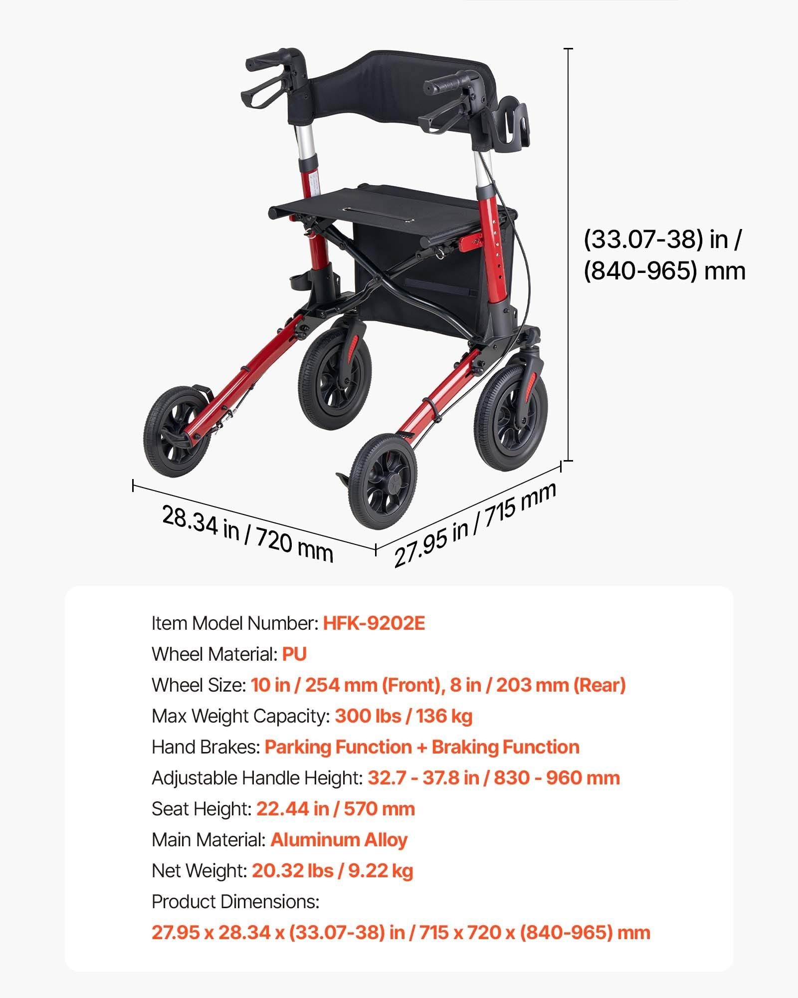 Rollator Walker with Seat for Seniors, Ultra Compact 3-Fold Rolling Walker, Lightweight Aluminum Mobility V952-XSZXQHSLHJQ1YKA5J001V0
