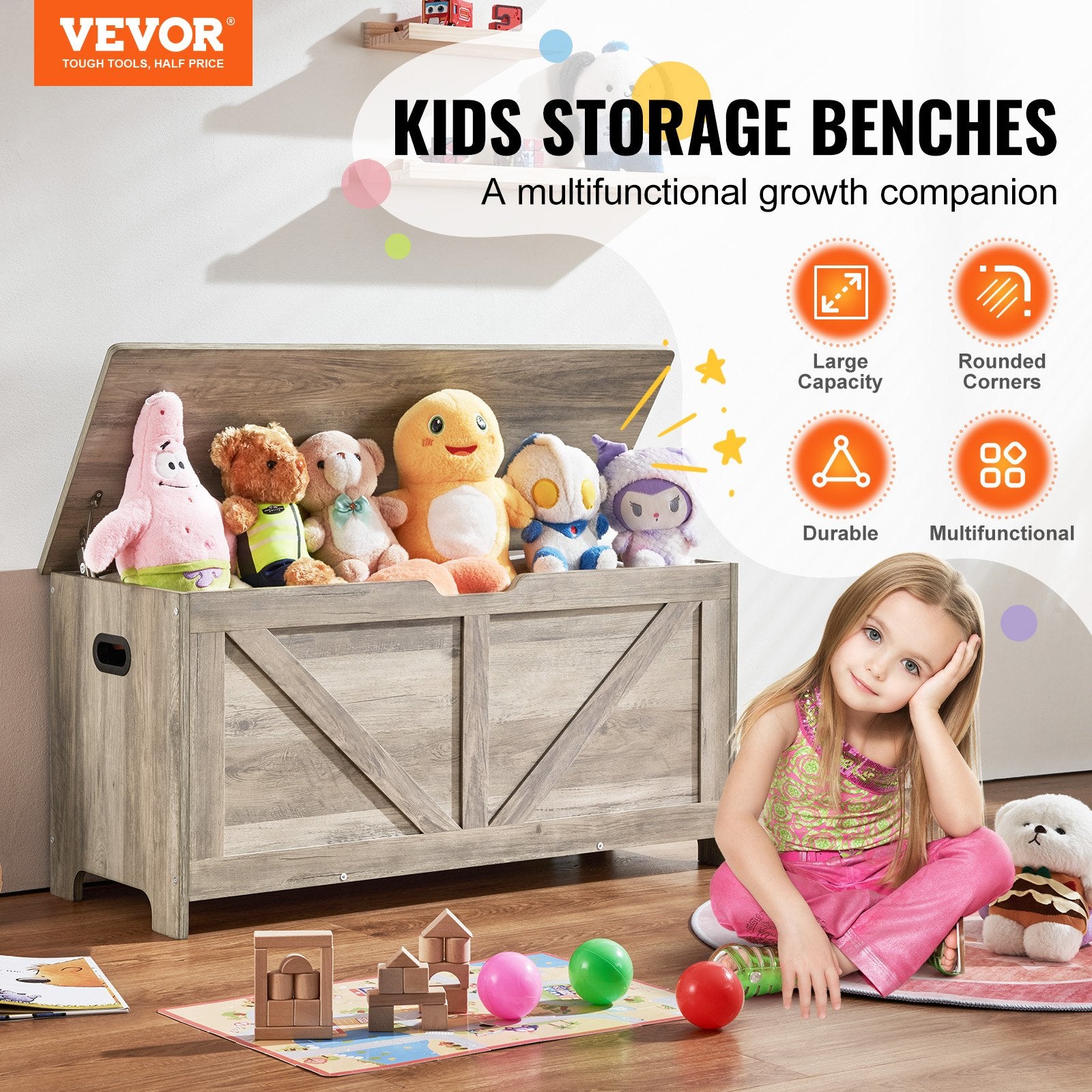 Kids Toy Storage Bench Wooden Toy Box Chest 38.98 x 15.55 x 18.9 in Gray V952-XTETCWDWHLBC7BJJOV0