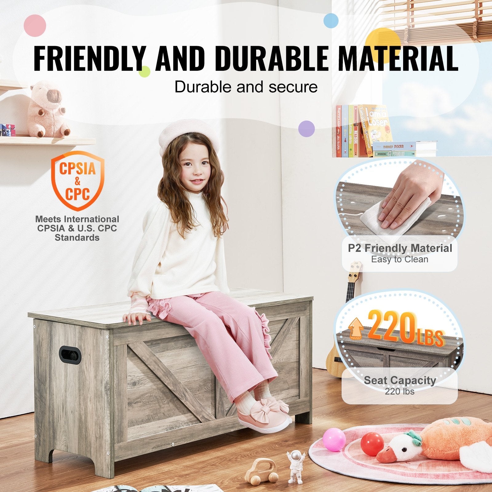 Kids Toy Storage Bench Wooden Toy Box Chest 38.98 x 15.55 x 18.9 in Gray V952-XTETCWDWHLBC7BJJOV0