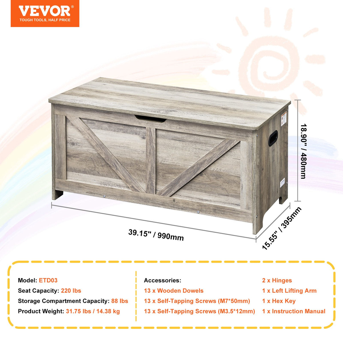 Kids Toy Storage Bench Wooden Toy Box Chest 38.98 x 15.55 x 18.9 in Gray V952-XTETCWDWHLBC7BJJOV0