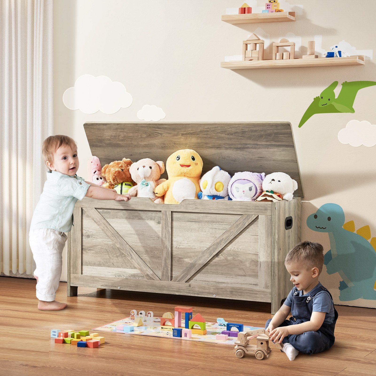 Kids Toy Storage Bench Wooden Toy Box Chest 38.98 x 15.55 x 18.9 in Gray V952-XTETCWDWHLBC7BJJOV0