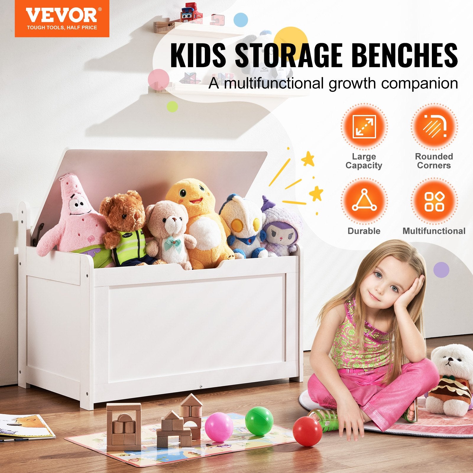 Kids Toy Storage Bench Wooden Toy Box Chest 32.68 x 17.91 x 24.02" White V952-XTETCWDYHLBC1UNIRV0