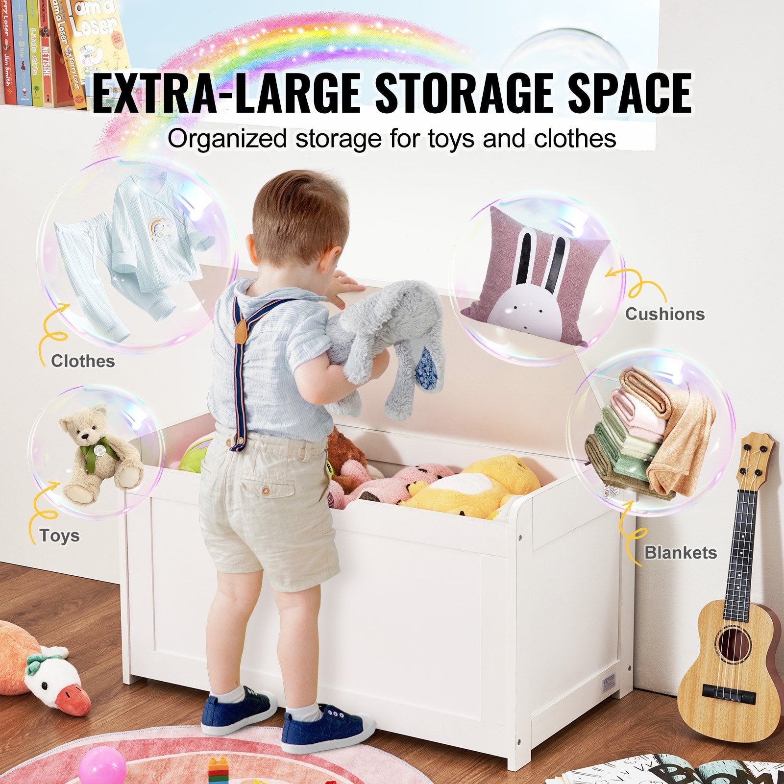 Kids Toy Storage Bench Wooden Toy Box Chest 32.68 x 17.91 x 24.02" White V952-XTETCWDYHLBC1UNIRV0