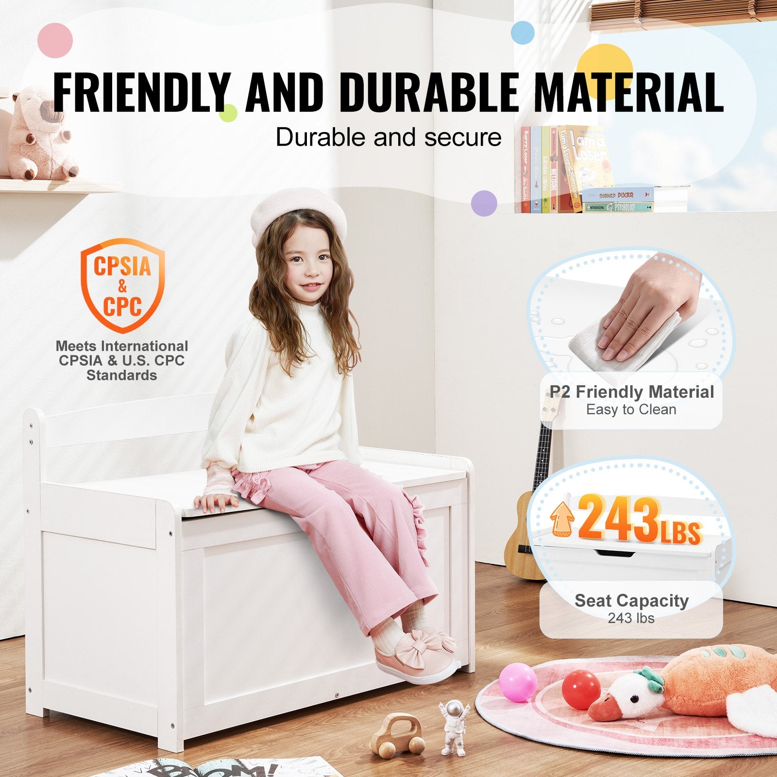 Kids Toy Storage Bench Wooden Toy Box Chest 32.68 x 17.91 x 24.02" White V952-XTETCWDYHLBC1UNIRV0