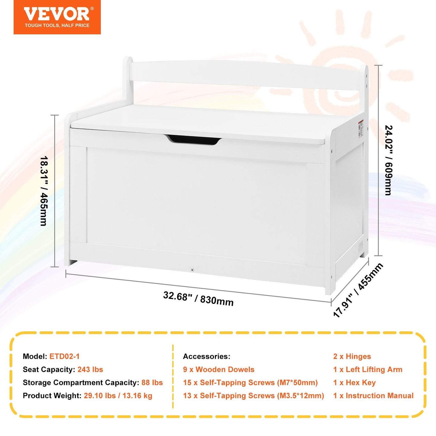 Kids Toy Storage Bench Wooden Toy Box Chest 32.68 x 17.91 x 24.02" White V952-XTETCWDYHLBC1UNIRV0
