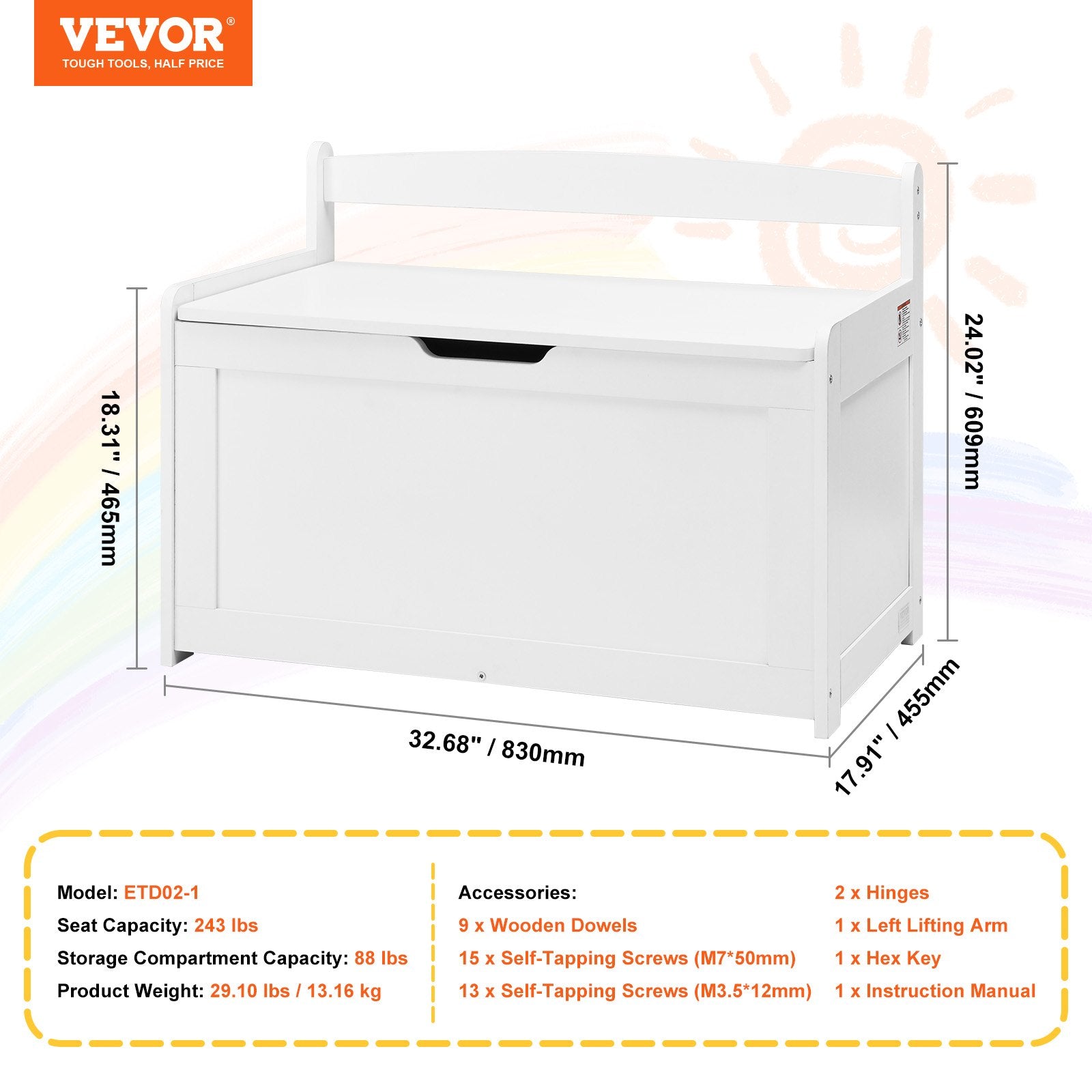 Kids Toy Storage Bench Wooden Toy Box Chest 32.68 x 17.91 x 24.02" White V952-XTETCWDYHLBC1UNIRV0