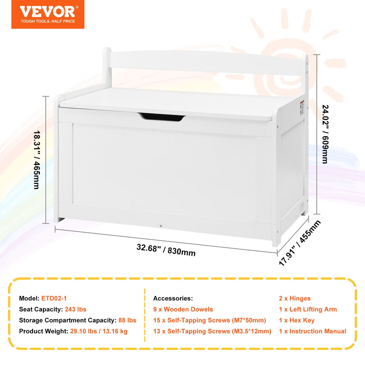 Kids Toy Storage Bench Wooden Toy Box Chest 32.68 x 17.91 x 24.02" White V952-XTETCWDYHLBC1UNIRV0