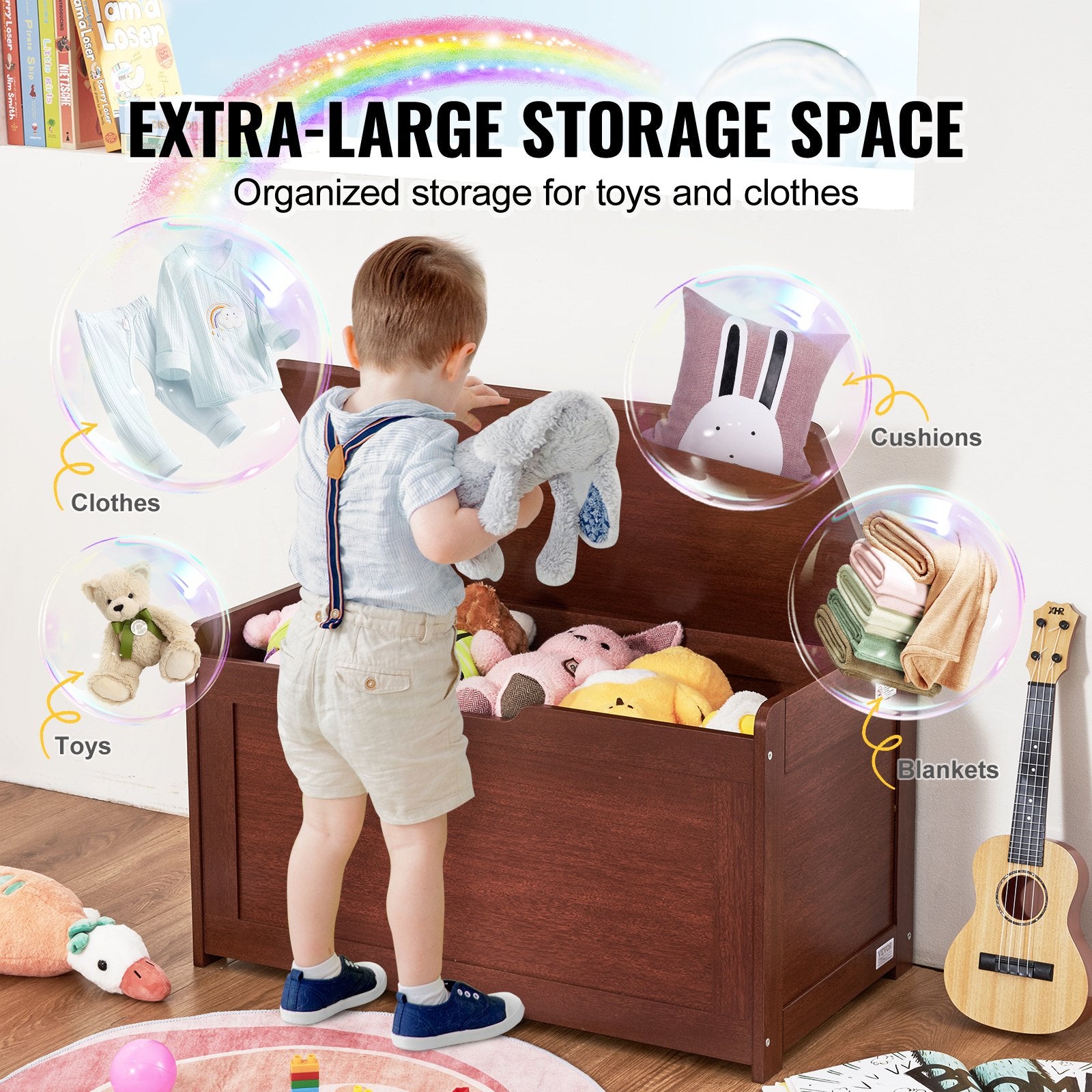 Kids Toy Storage Bench Wooden Toy Box Chest 32.68 x 17.91 x 24.02" Cherry V952-XTETCWDYHLBCRKUO3V0