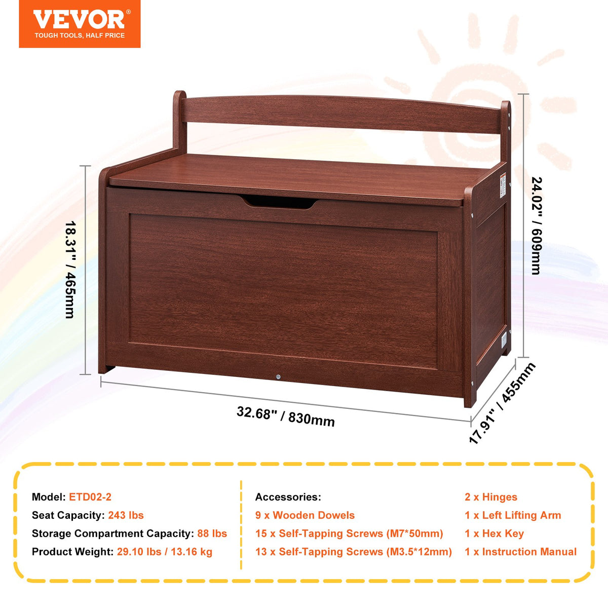 Kids Toy Storage Bench Wooden Toy Box Chest 32.68 x 17.91 x 24.02" Cherry V952-XTETCWDYHLBCRKUO3V0