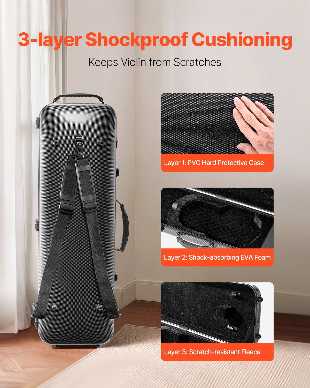 4/4 Full Size Violin Case, Built-in Hygrometer, Lightweight Portable Travel Carrying Bag, with Plush Lining, V952-XTQHZFXFHTXWTSD67001V0
