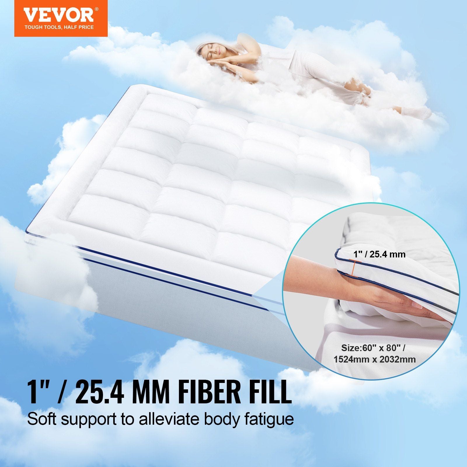 Mattress Topper, Queen Size, 25.4 mm Thickness, Fiber Fill Pad with Detachable & Washable, Comfortable, V952-XWTCD6080INCC3PJWV0