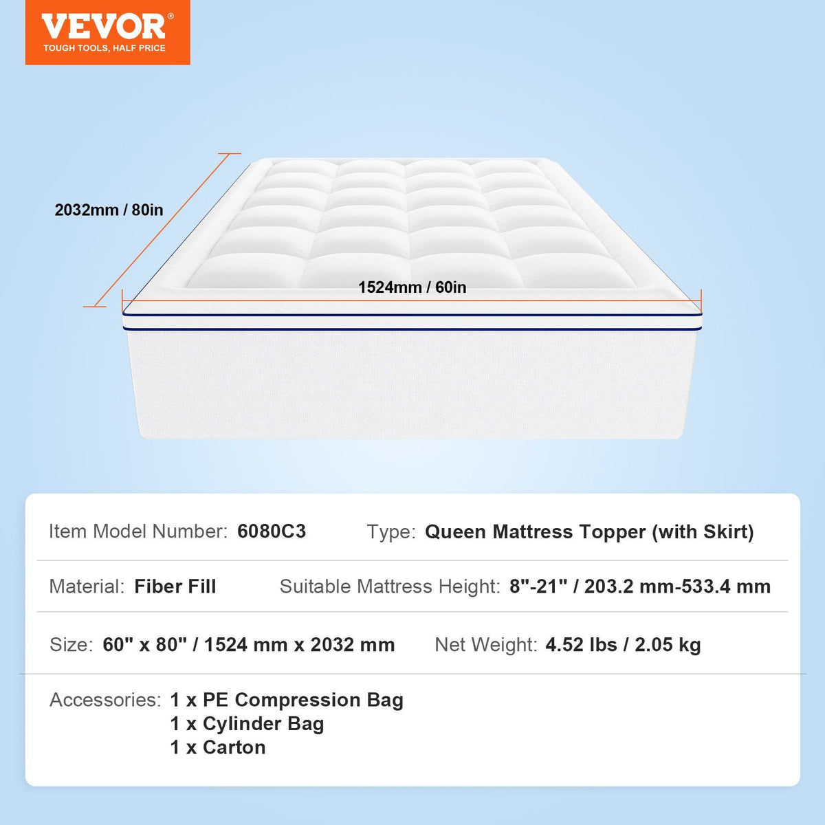 Mattress Topper, Queen Size, 25.4 mm Thickness, Fiber Fill Pad with Detachable & Washable, Comfortable, V952-XWTCD6080INCC3PJWV0