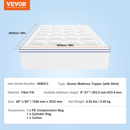 Mattress Topper, Queen Size, 25.4 mm Thickness, Fiber Fill Pad with Detachable & Washable, Comfortable, V952-XWTCD6080INCC3PJWV0