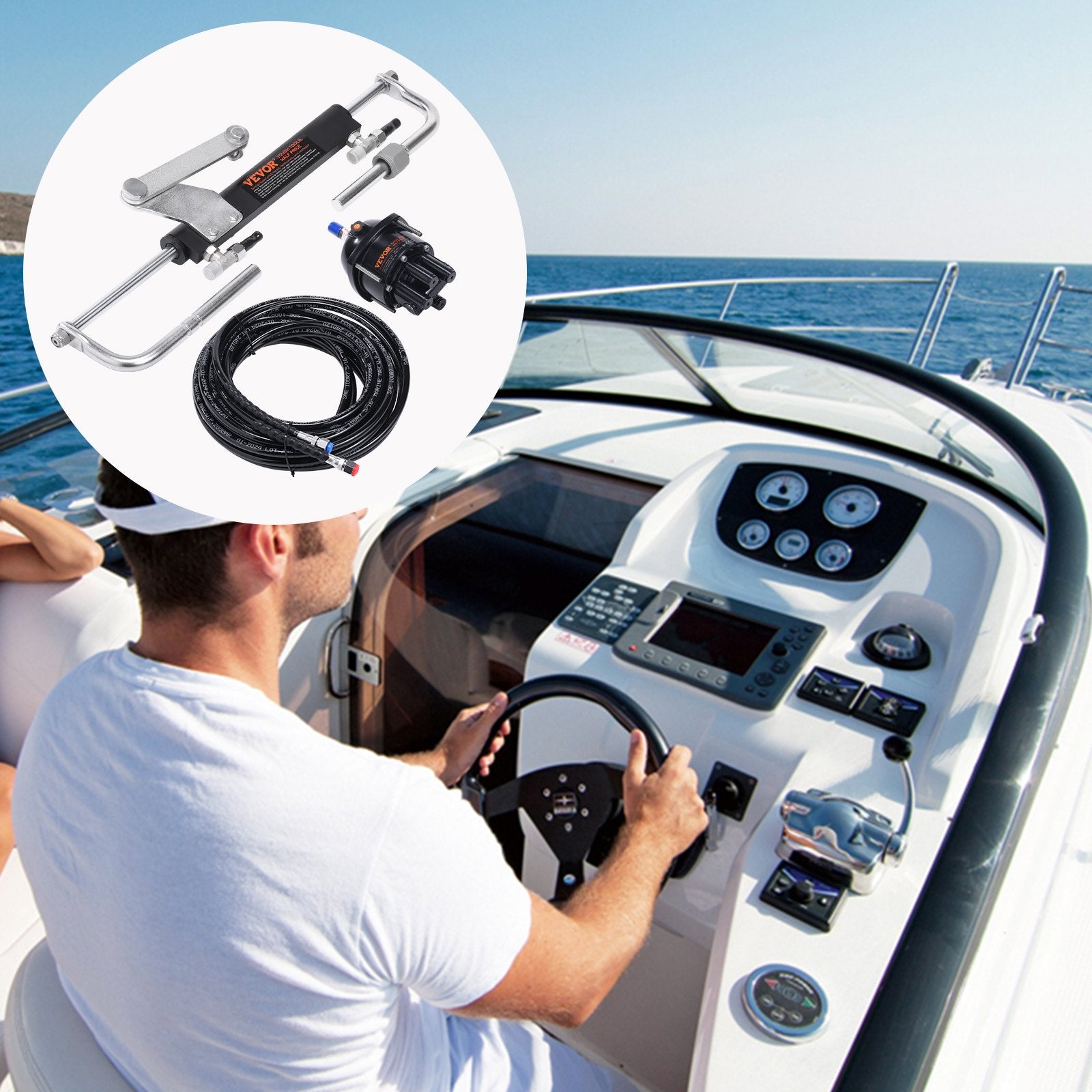 Hydraulic Steering Kit 90HP Hydraulic Outboard Steering Kit with Helm Pump Cylinder Marine Steering System Kit V952-XWYYFXB90HP000001V0
