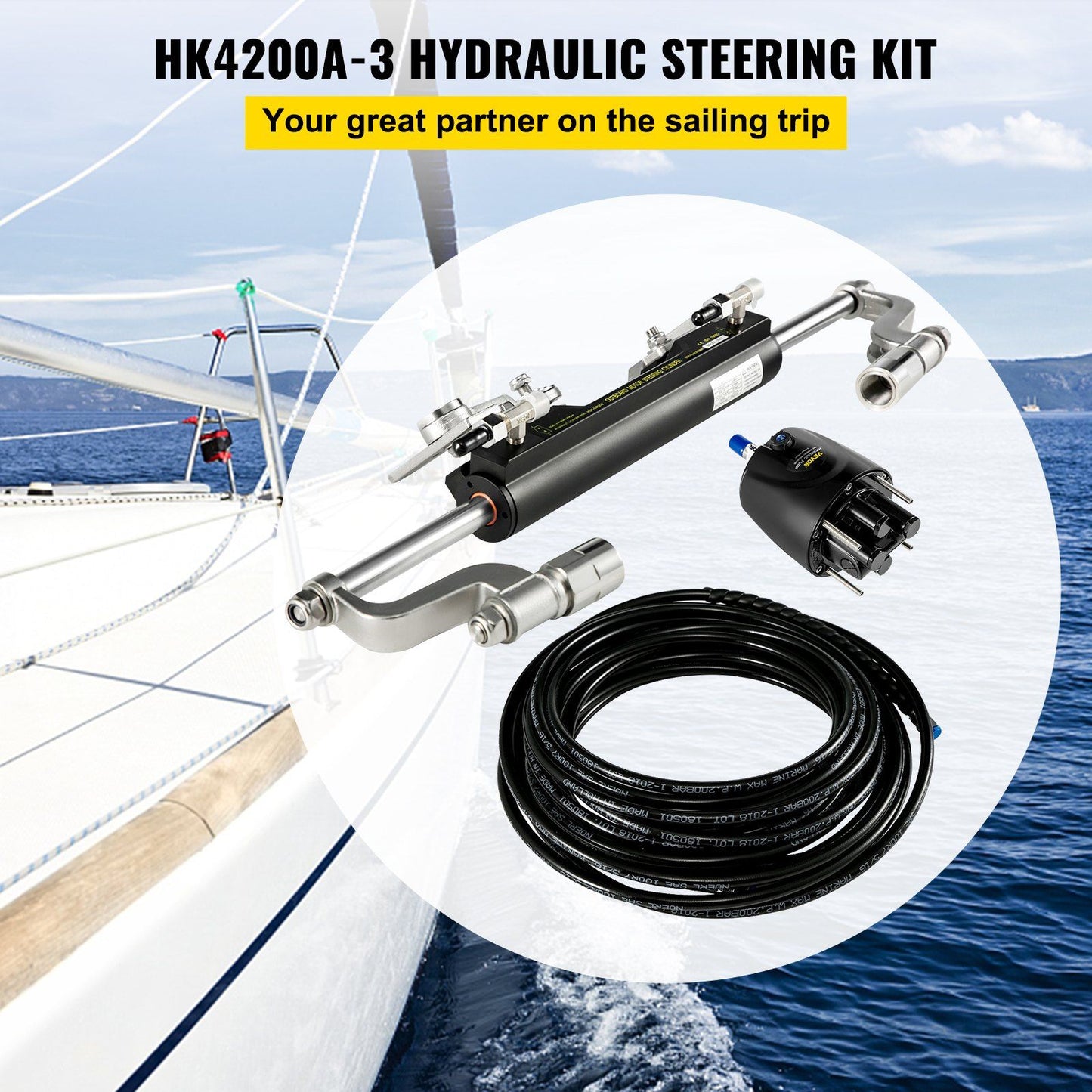 Hydraulic Steering Kit 300HP Hydraulic Steering Compact Cylinder Hydraulic Outboard Steering Kit with Helm V952-XWYYFXBTJ300HP001V0