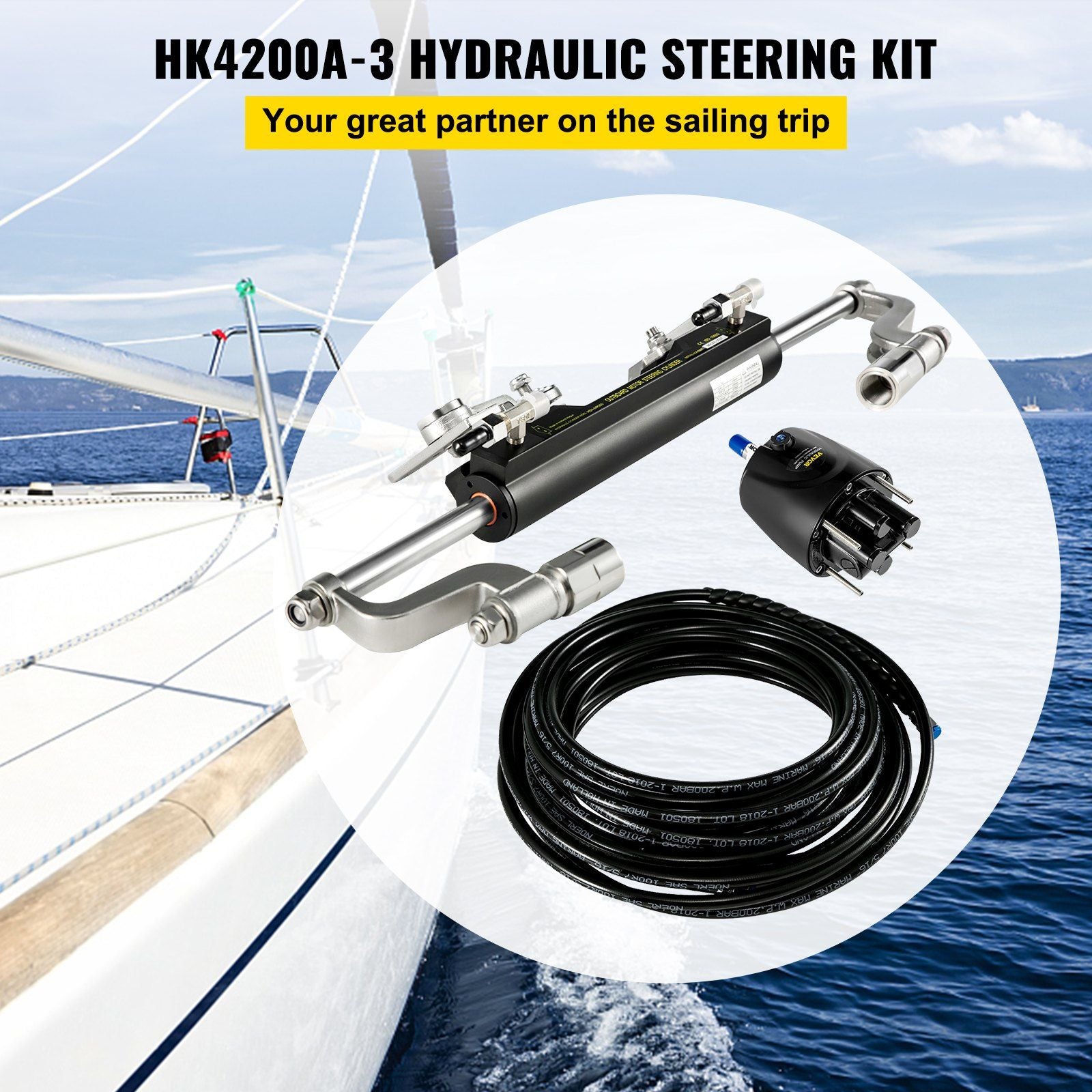 Hydraulic Steering Kit 300HP Hydraulic Steering Compact Cylinder Hydraulic Outboard Steering Kit with Helm V952-XWYYFXBTJ300HP001V0