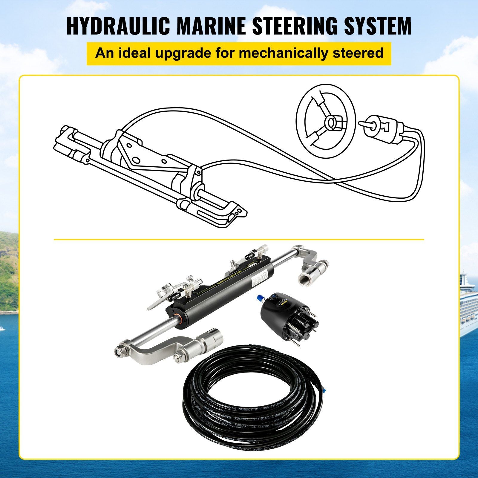Hydraulic Steering Kit 300HP Hydraulic Steering Compact Cylinder Hydraulic Outboard Steering Kit with Helm V952-XWYYFXBTJ300HP001V0