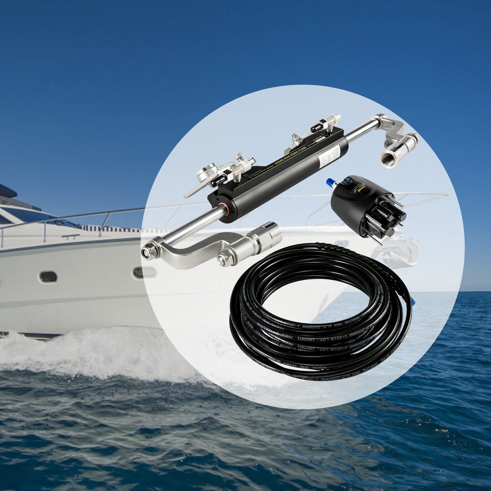Hydraulic Steering Kit 300HP Hydraulic Steering Compact Cylinder Hydraulic Outboard Steering Kit with Helm V952-XWYYFXBTJ300HP001V0