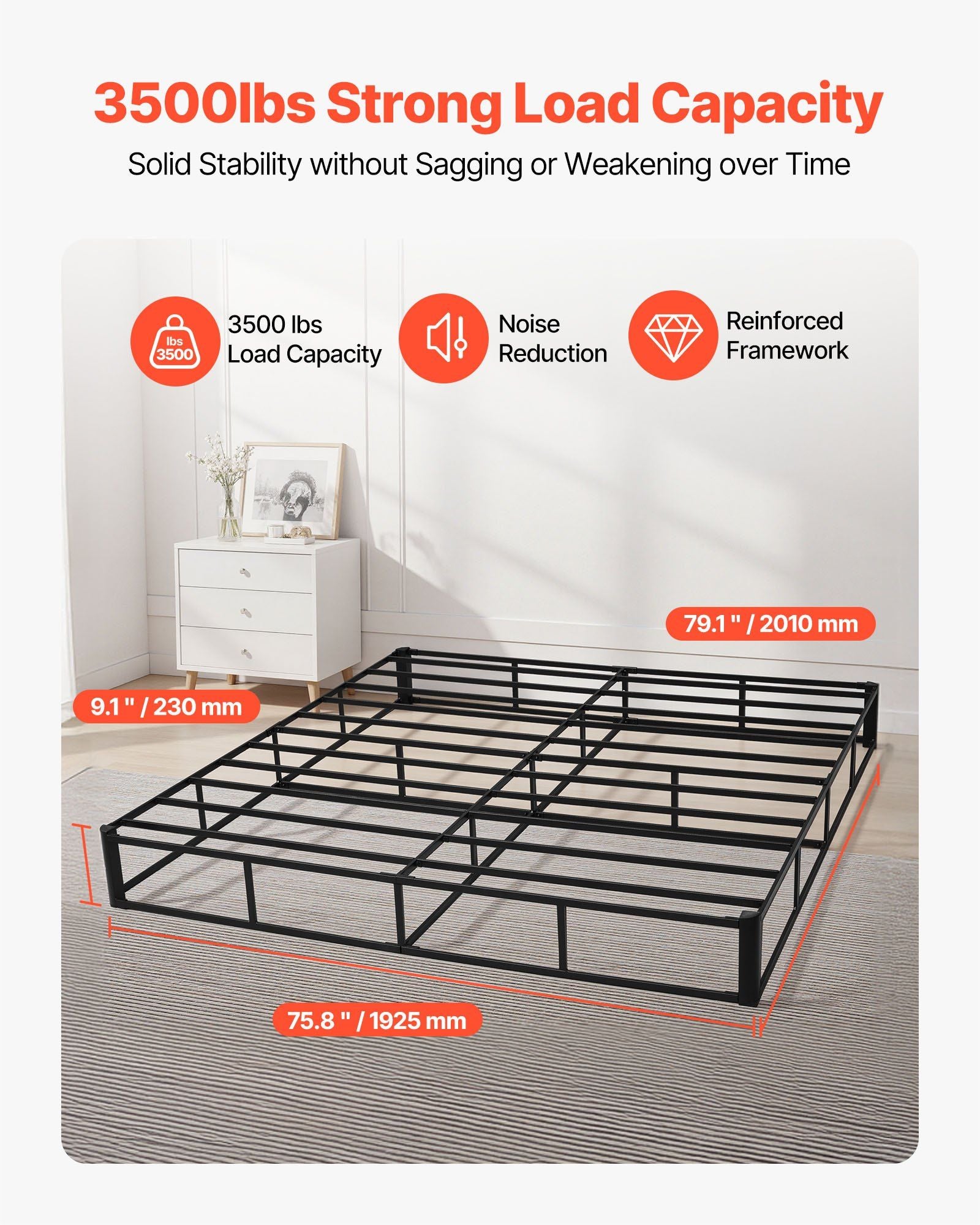 Box Spring, King Size Bed Frame with Washable Fabric Cloth, Heavy Duty Metal Frame for King Bed, 230 mm V952-XXDH80769INC77UZP001V0