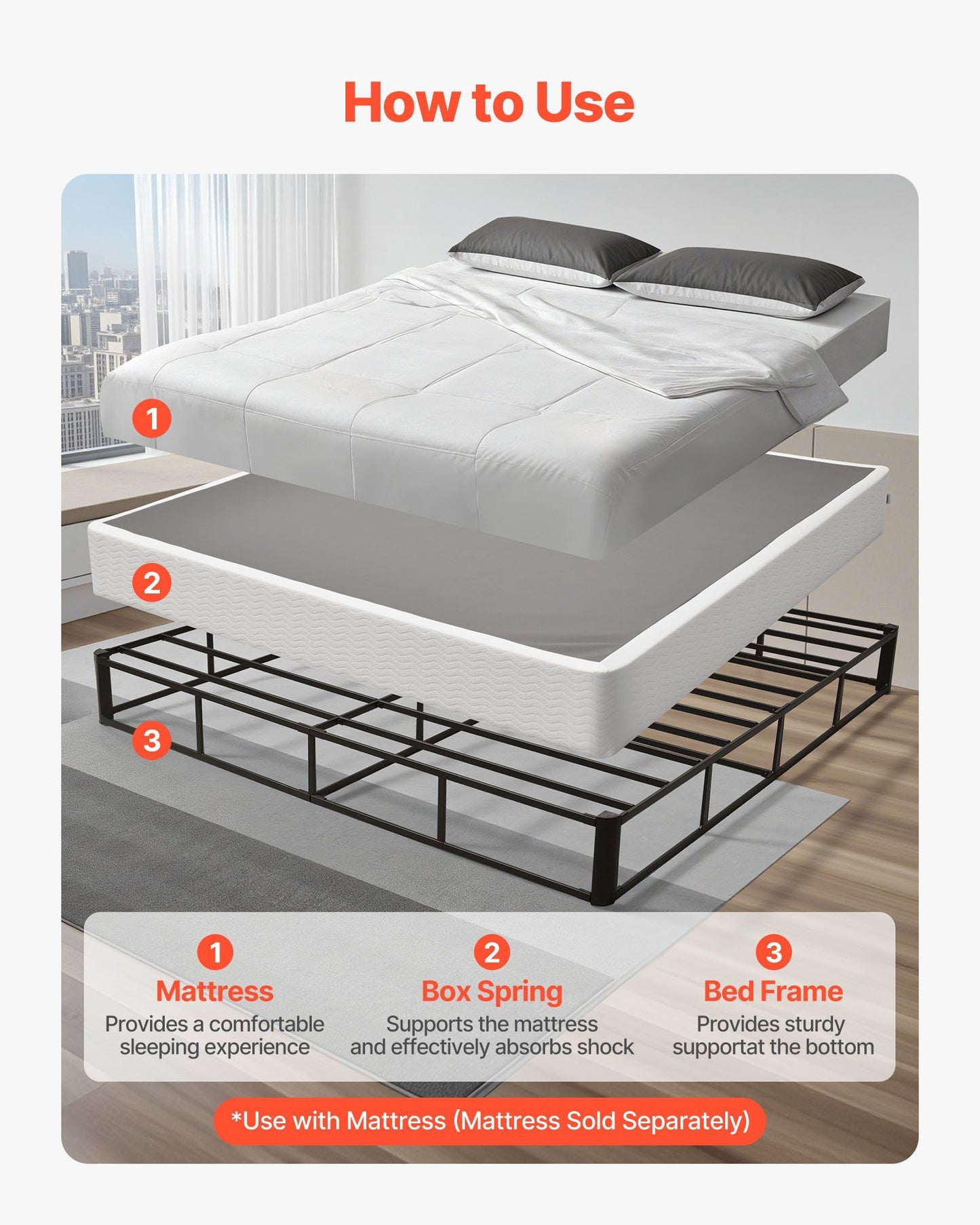 Box Spring, King Size Bed Frame with Washable Fabric Cloth, Heavy Duty Metal Frame for King Bed, 230 mm V952-XXDH80769INC77UZP001V0