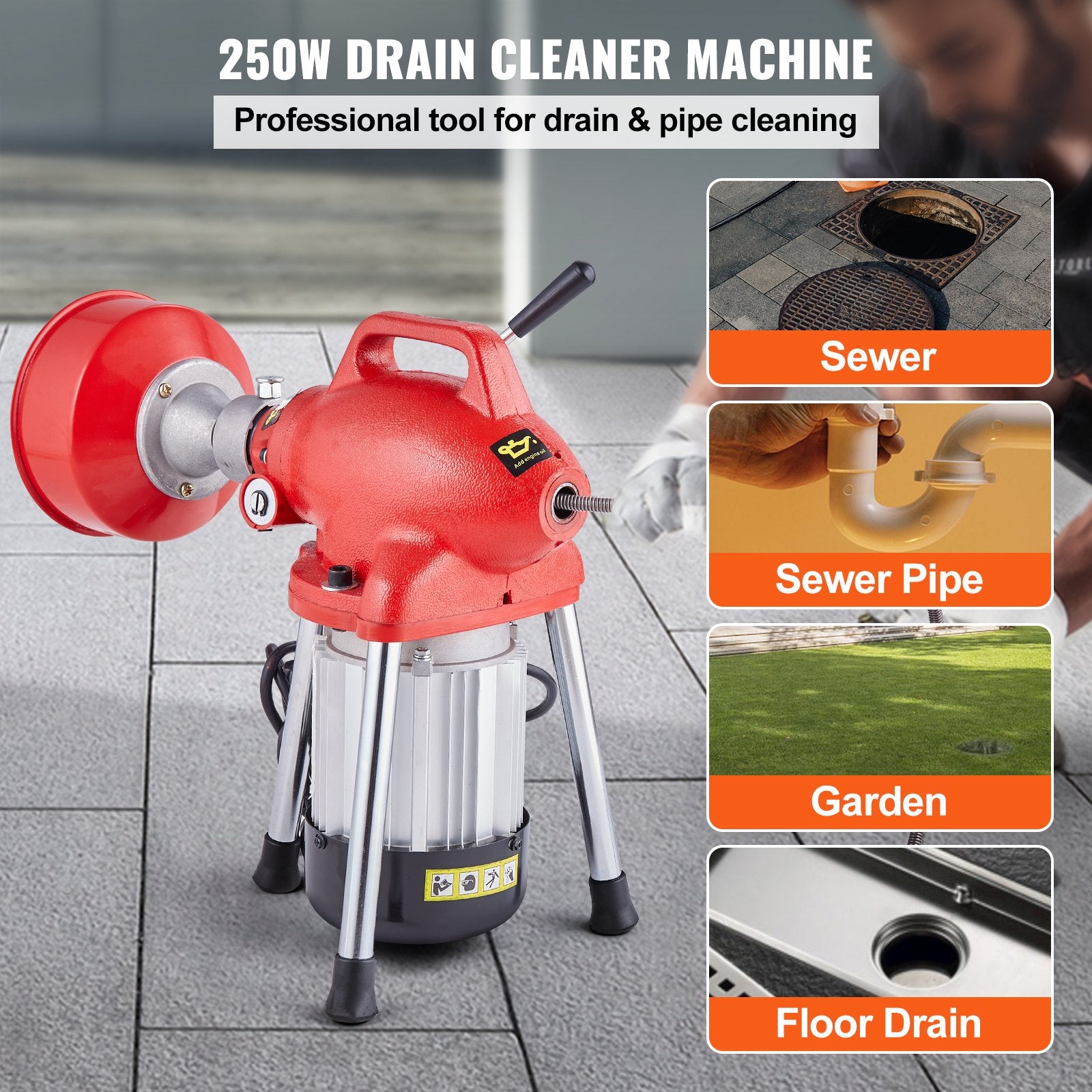 Drain Cleaner Machine 66FT x 5/8In 250W Sectional Snake Auger Manual Feed V952-XXFDGDSTJ250OF30KV3
