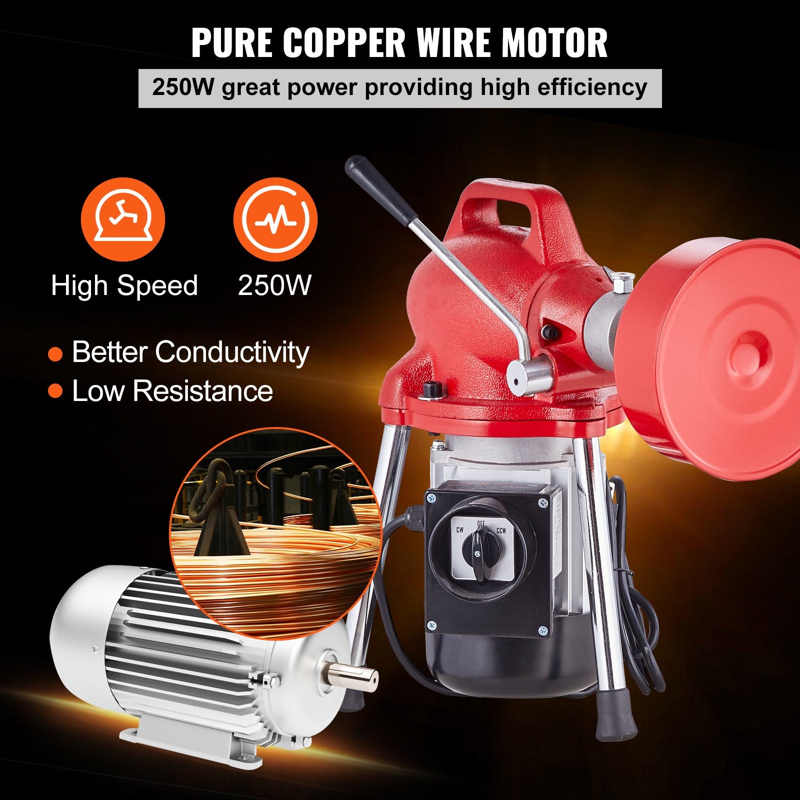 Drain Cleaner Machine 66FT x 5/8In 250W Sectional Snake Auger Manual Feed V952-XXFDGDSTJ250OF30KV3