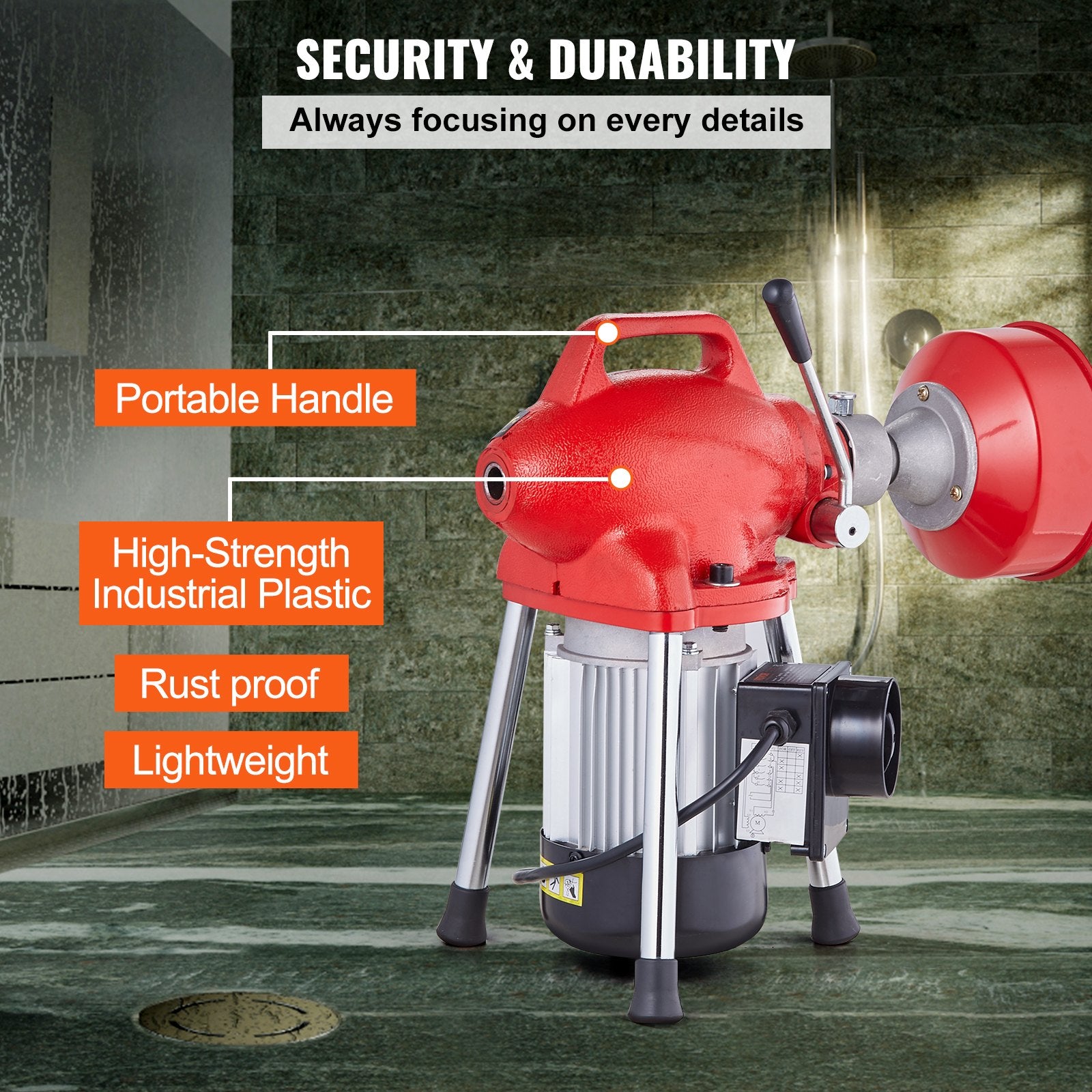 Drain Cleaner Machine 66FT x 5/8In 250W Sectional Snake Auger Manual Feed V952-XXFDGDSTJ250OF30KV3