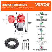 Drain Cleaner Machine 66FT x 5/8In 250W Sectional Snake Auger Manual Feed V952-XXFDGDSTJ250OF30KV3