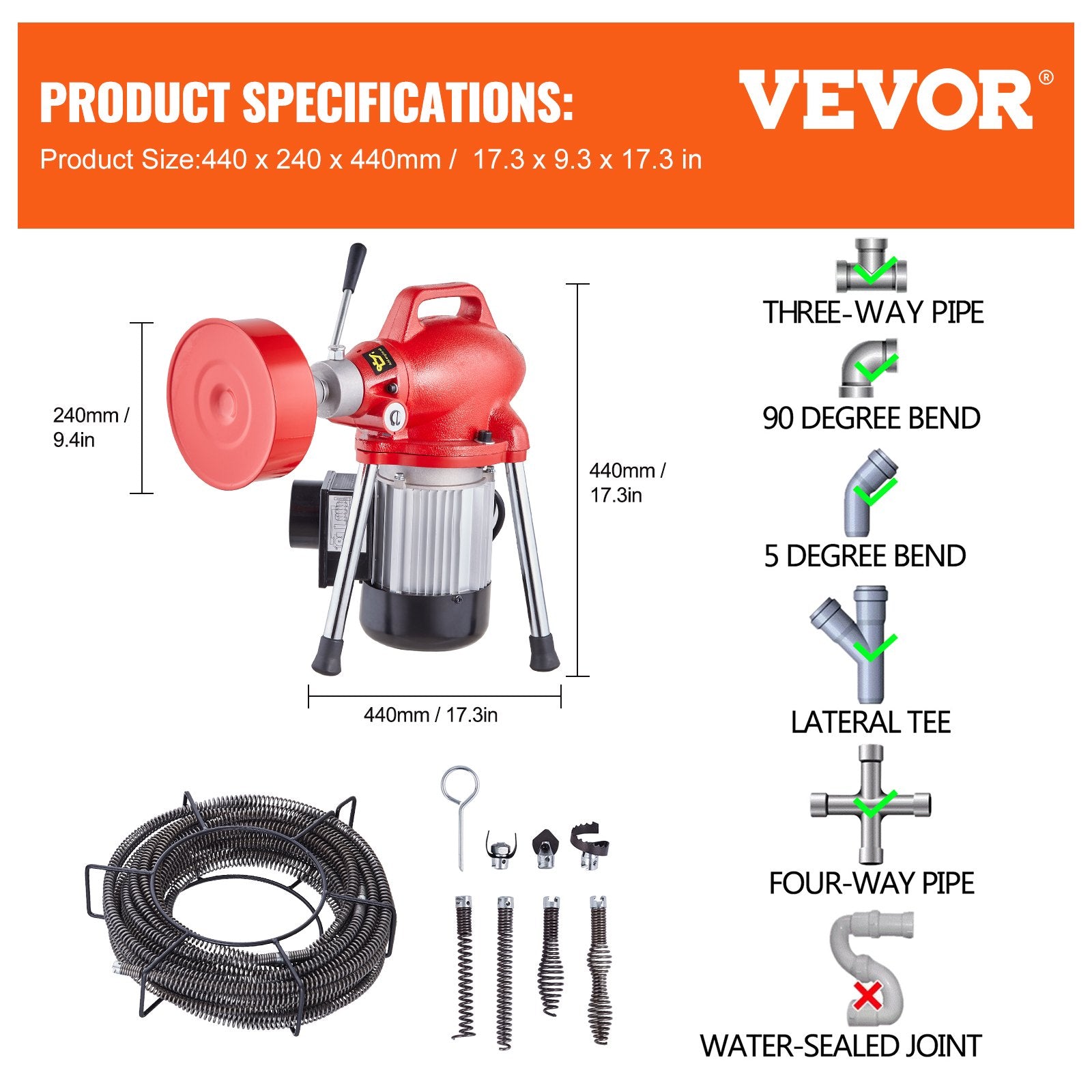 Drain Cleaner Machine 66FT x 5/8In 250W Sectional Snake Auger Manual Feed V952-XXFDGDSTJ250OF30KV3