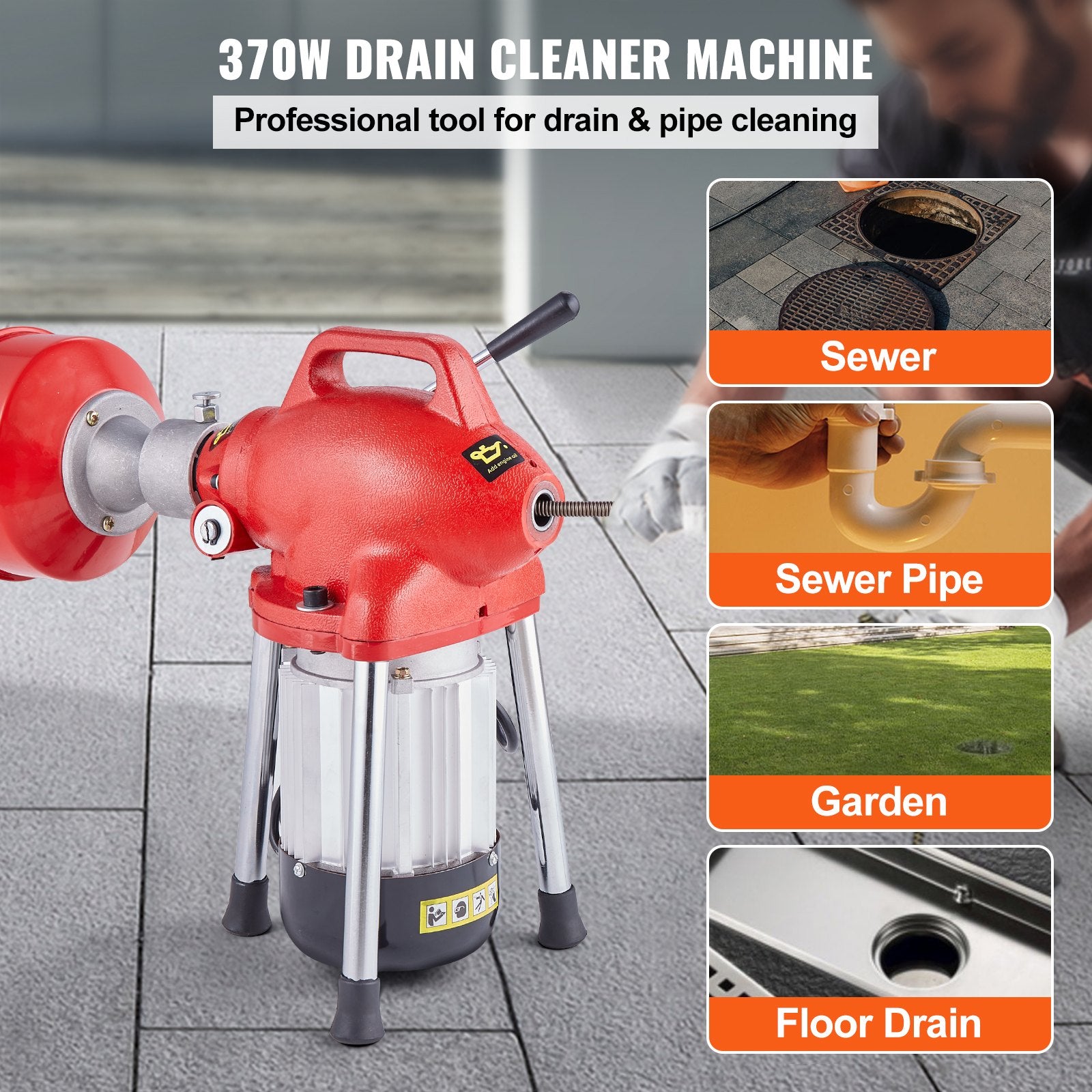 Drain Cleaner Machine 120FT x 5/8In 370W Sectional Snake Auger Manual Feed V952-XXFDGDSTJ370AYKE2V3