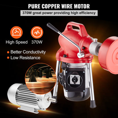 Drain Cleaner Machine 120FT x 5/8In 370W Sectional Snake Auger Manual Feed V952-XXFDGDSTJ370AYKE2V3
