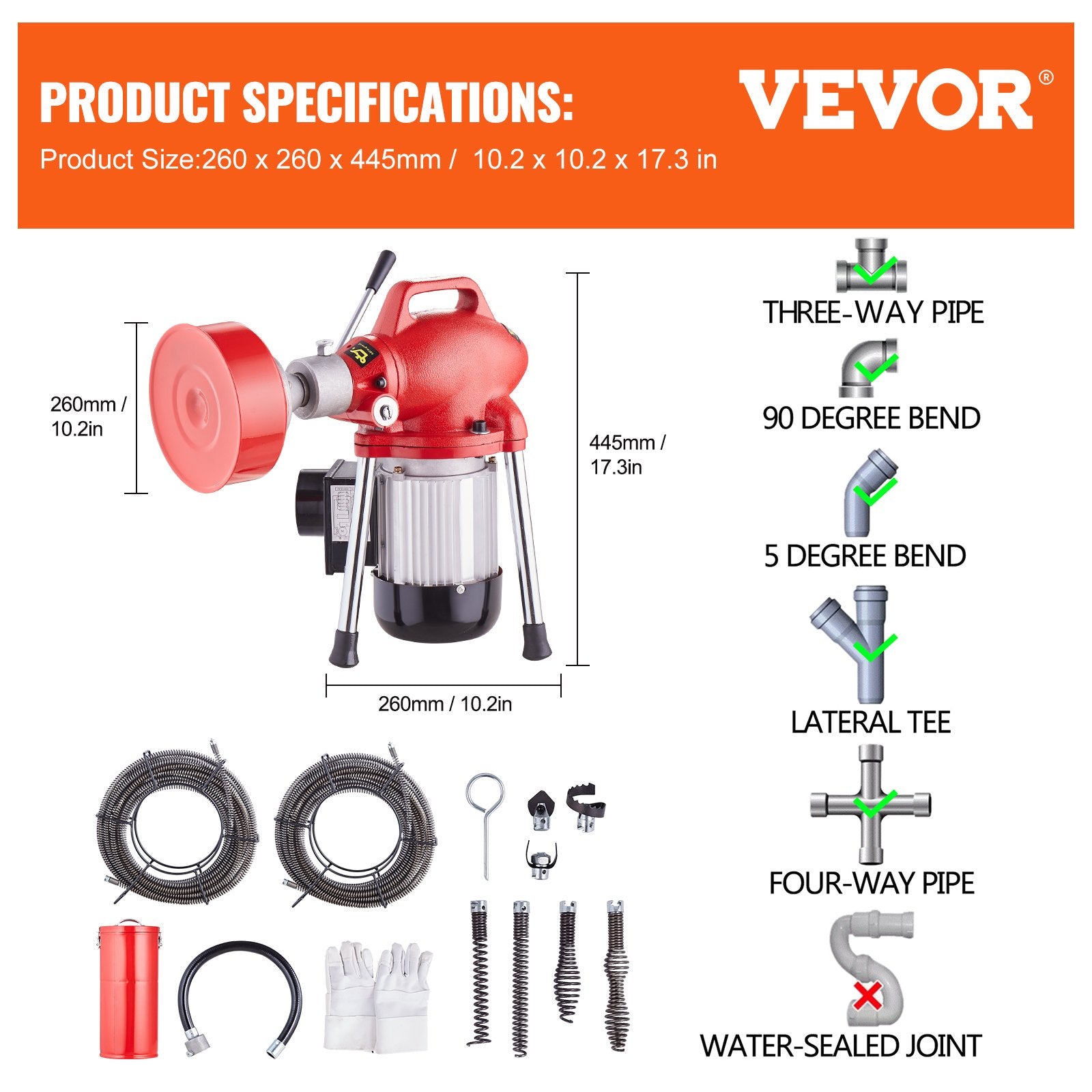 Drain Cleaner Machine 120FT x 5/8In 370W Sectional Snake Auger Manual Feed V952-XXFDGDSTJ370AYKE2V3