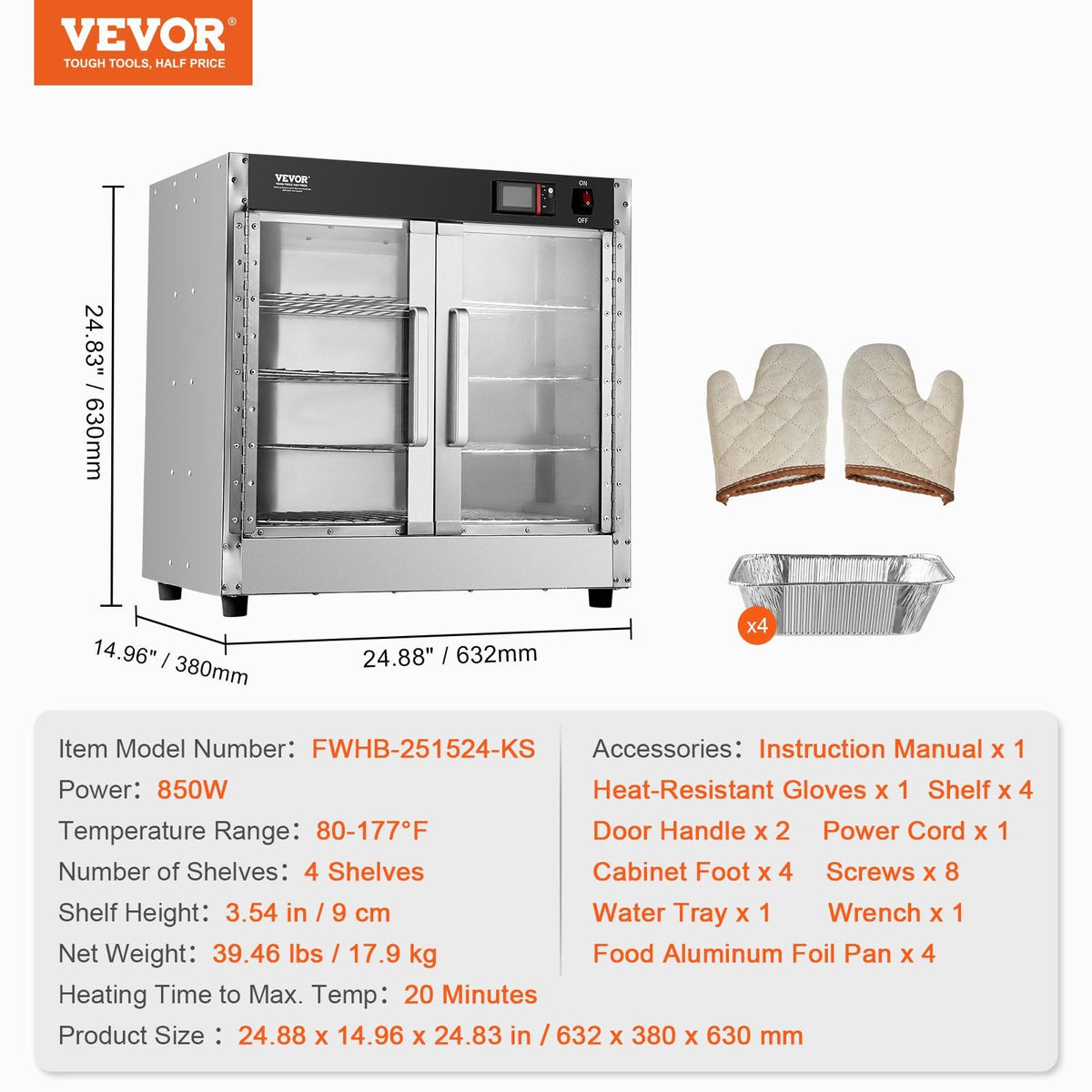 Hot Box Food Warmer, 4-Tier Concession Warmer with Water Tray, 4 Pans, Glass Double-door and Adjustable V952-XXSPBWJ4CTMMFFLR5V3