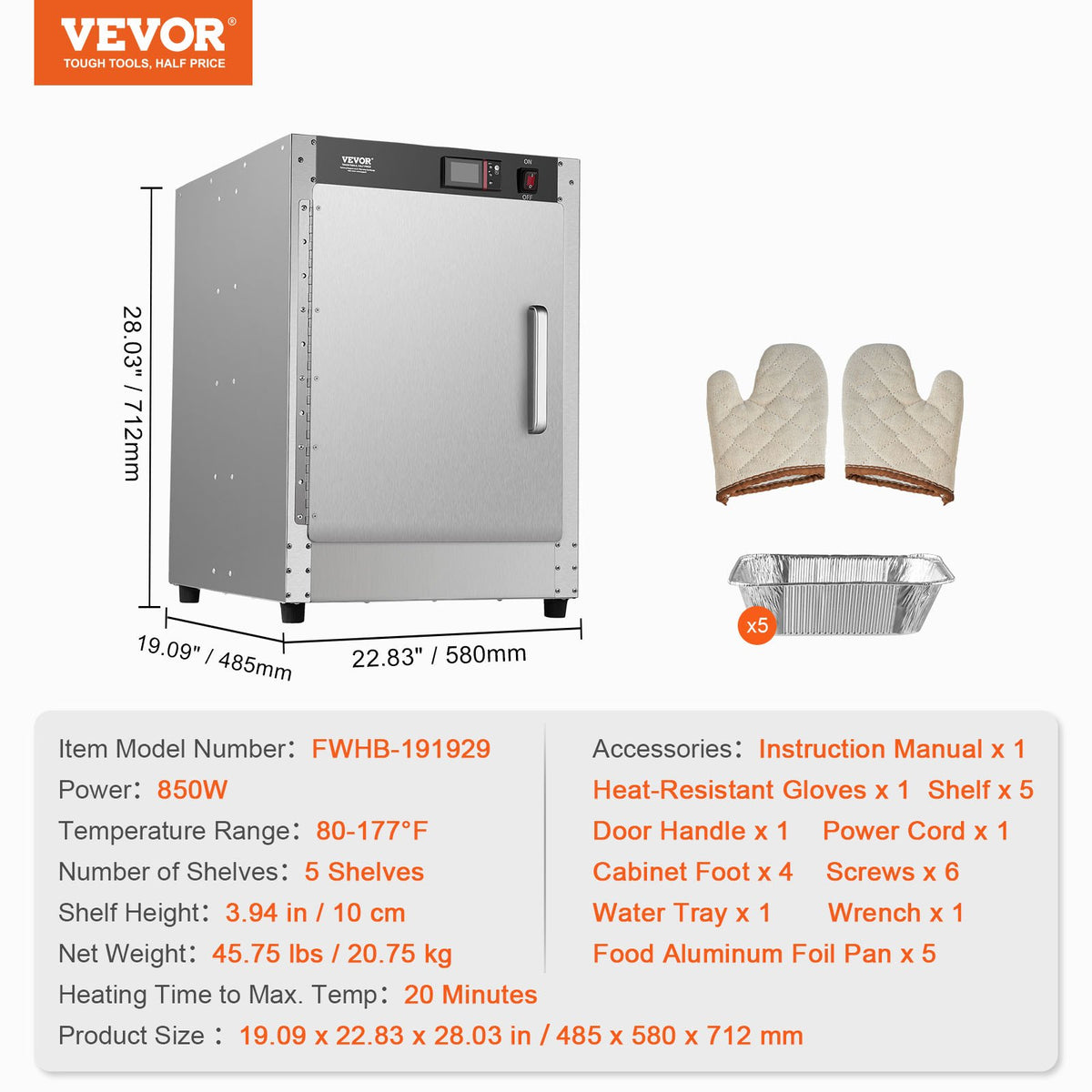 Hot Box Food Warmer, 5-Tier Concession Warmer with Water Tray, 5 Pans, Single-door and Adjustable Shelves, V952-XXSPBWJ5CBTM0I6VPV3