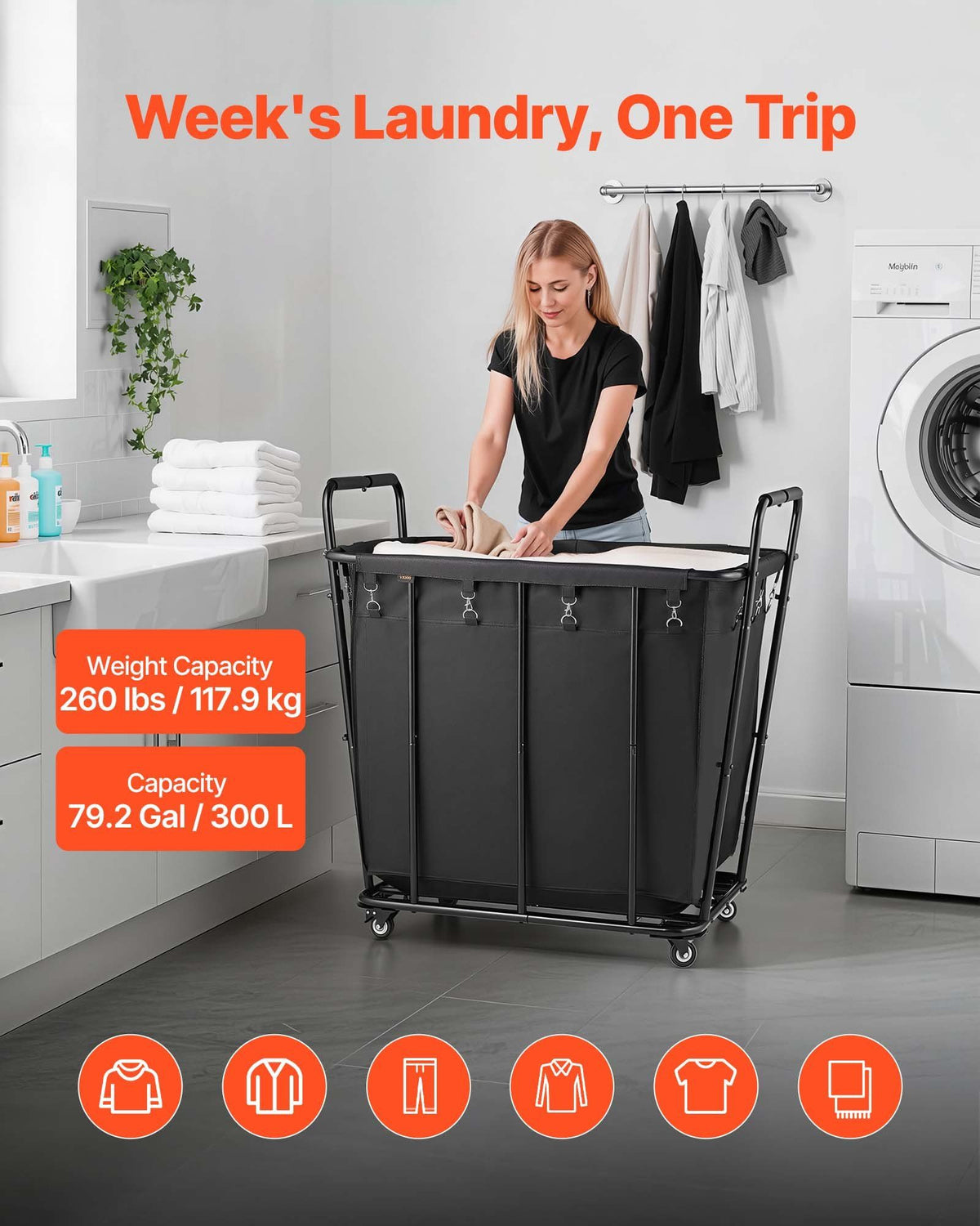 Laundry Cart, Rolling Grocery Utility Cart with Waterproof Liner & Swivel Wheels, 118 KG Large Load Capacity, V952-XYC2LKSJSCL04UN2C001V0