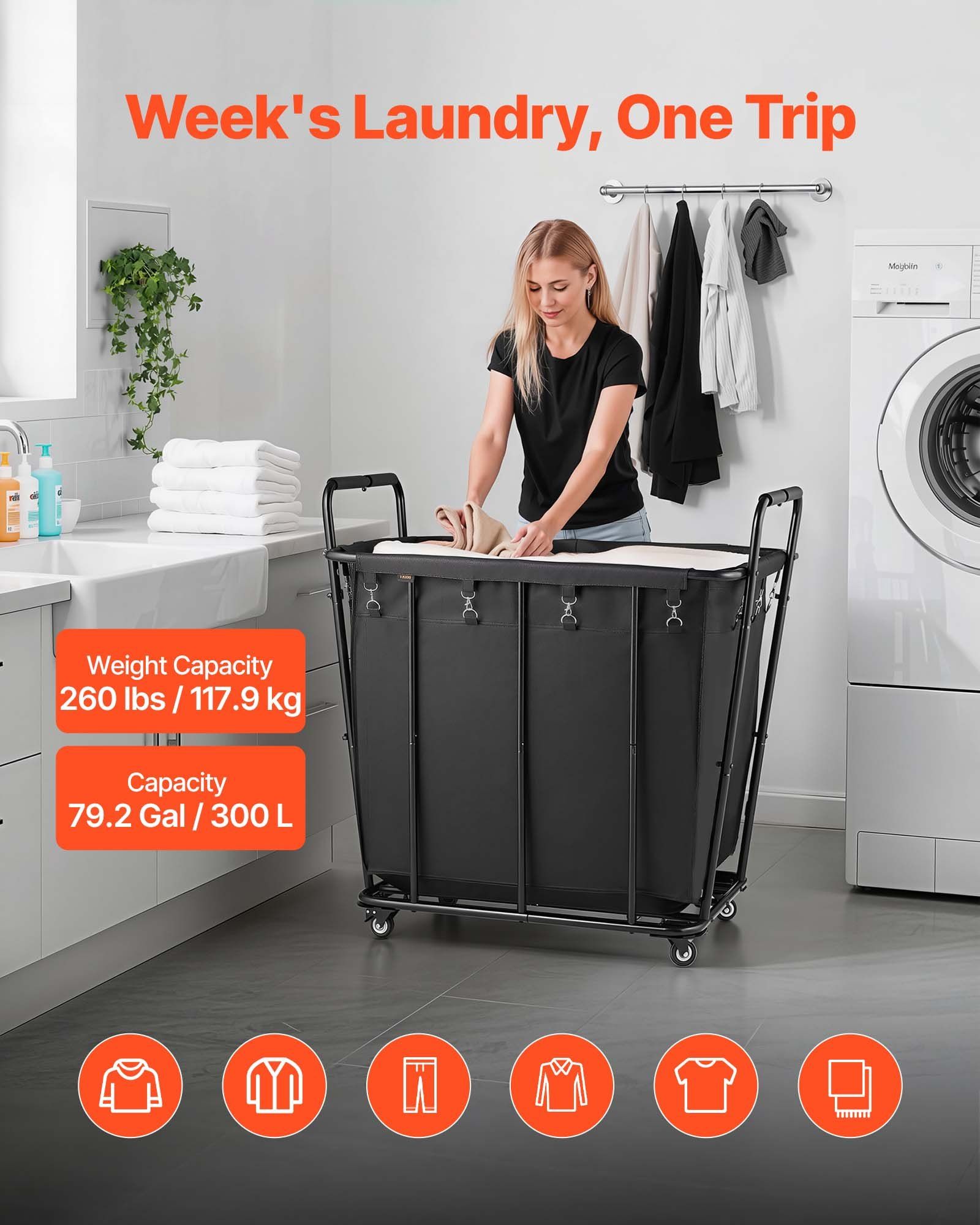 Laundry Cart, Rolling Grocery Utility Cart with Waterproof Liner & Swivel Wheels, 118 KG Large Load Capacity, V952-XYC2LKSJSCL04UN2C001V0