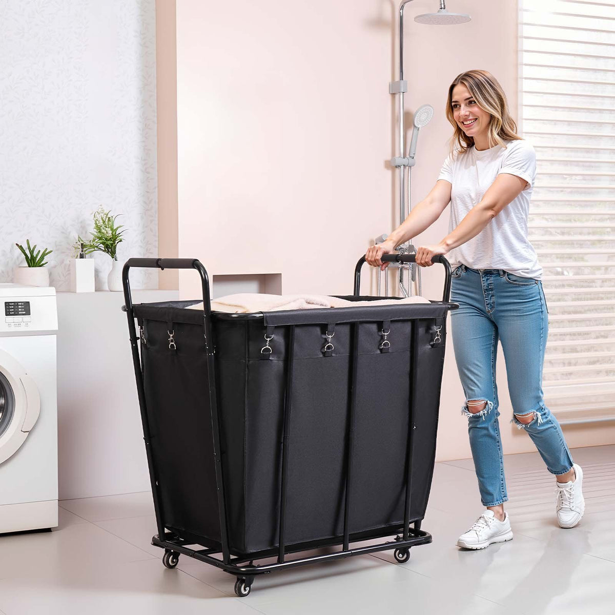 Laundry Cart, Rolling Grocery Utility Cart with Waterproof Liner & Swivel Wheels, 118 KG Large Load Capacity, V952-XYC2LKSJSCL04UN2C001V0