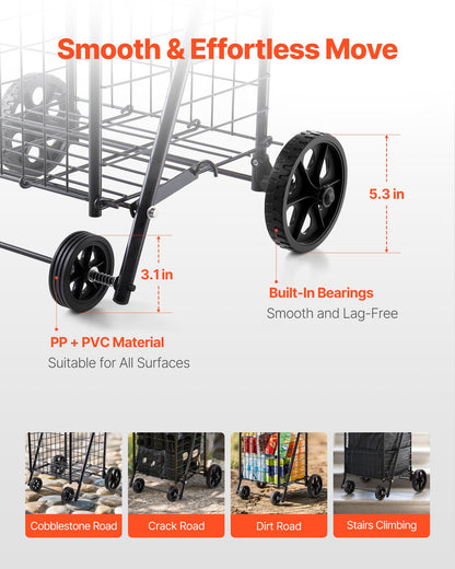 Shopping Cart, Folding Grocery Utility Cart with Swivel Wheels, 40.8 kg Large Load Capacity, Heavy Duty V952-XYC2ZDSTCSJS7HKN9001V0