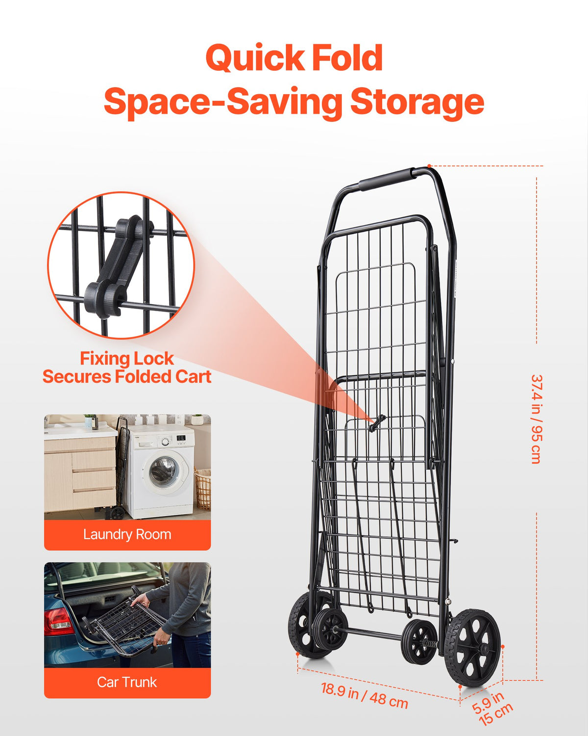 Shopping Cart, Folding Grocery Utility Cart with Swivel Wheels, 40.8 kg Large Load Capacity, Heavy Duty V952-XYC2ZDSTCSJS7HKN9001V0