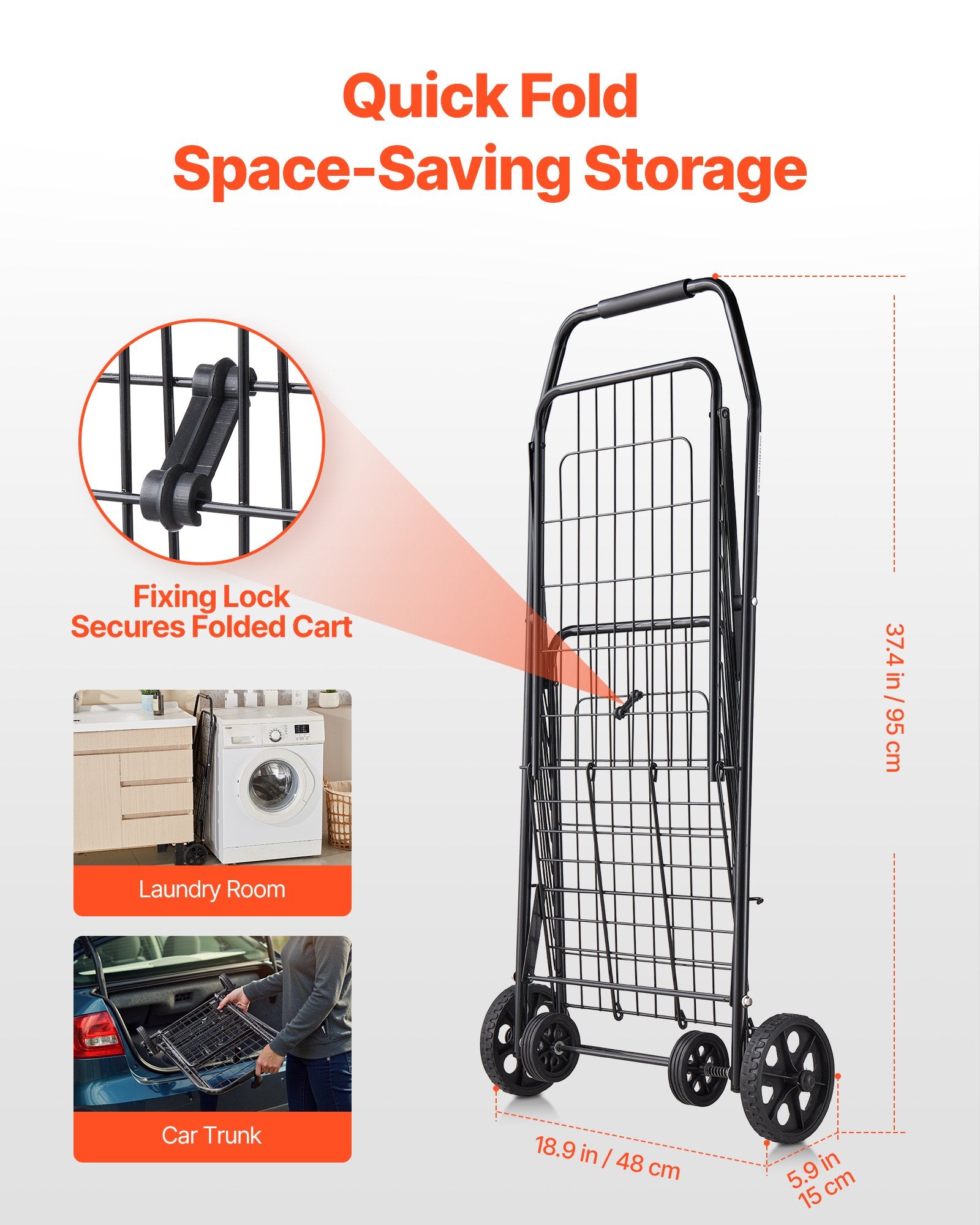 Shopping Cart, Folding Grocery Utility Cart with Swivel Wheels, 40.8 kg Large Load Capacity, Heavy Duty V952-XYC2ZDSTCSJS7HKN9001V0
