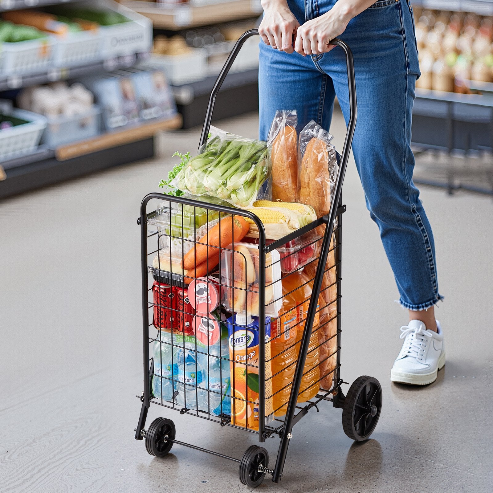 Shopping Cart, Folding Grocery Utility Cart with Swivel Wheels, 40.8 kg Large Load Capacity, Heavy Duty V952-XYC2ZDSTCSJS7HKN9001V0