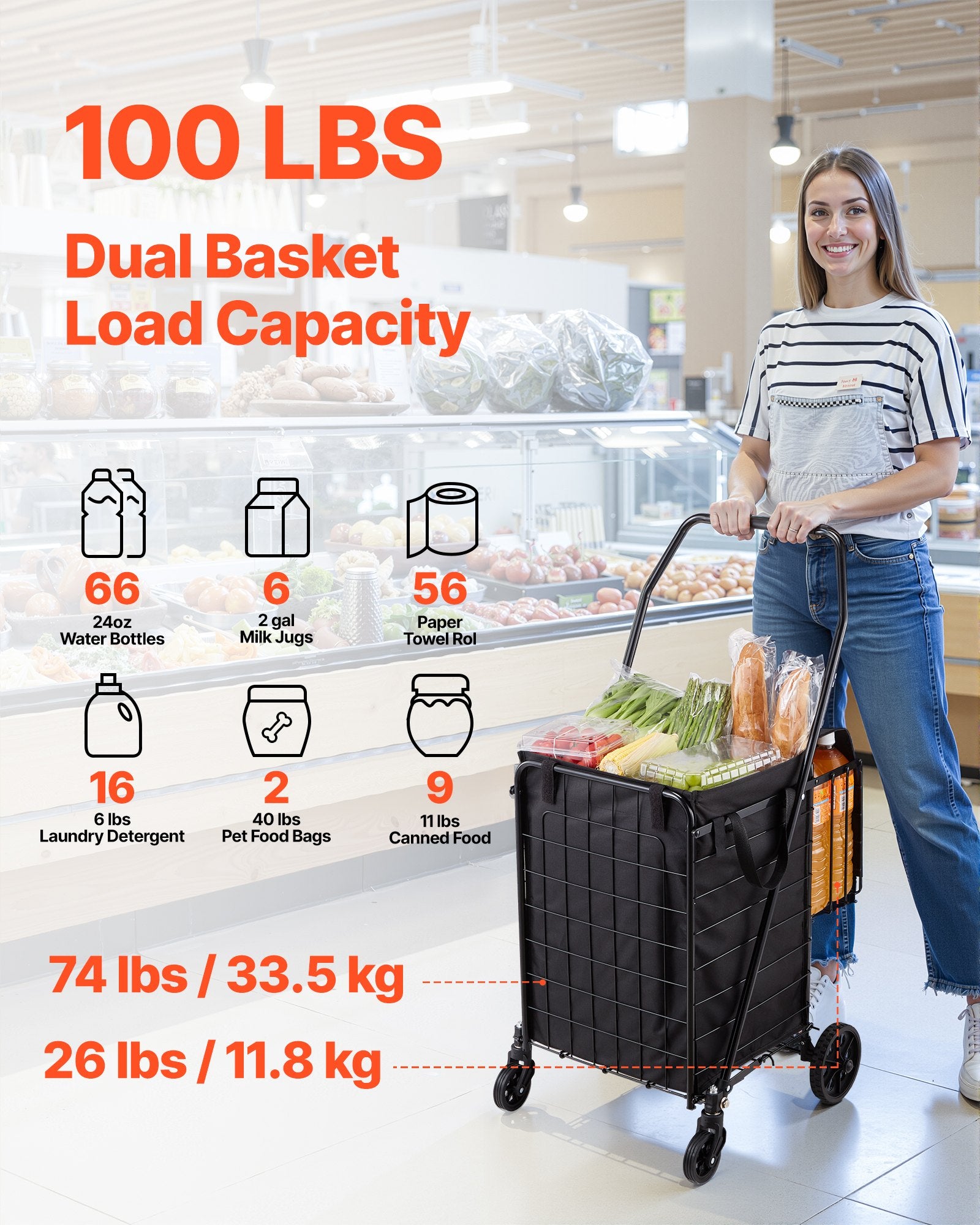 Shopping Cart, Folding Grocery Utility Cart with Dual Baskets, Waterproof Liner & Wheels, 45 KG Large Load V952-XYC2ZDSTCSJSJVKLW001V0