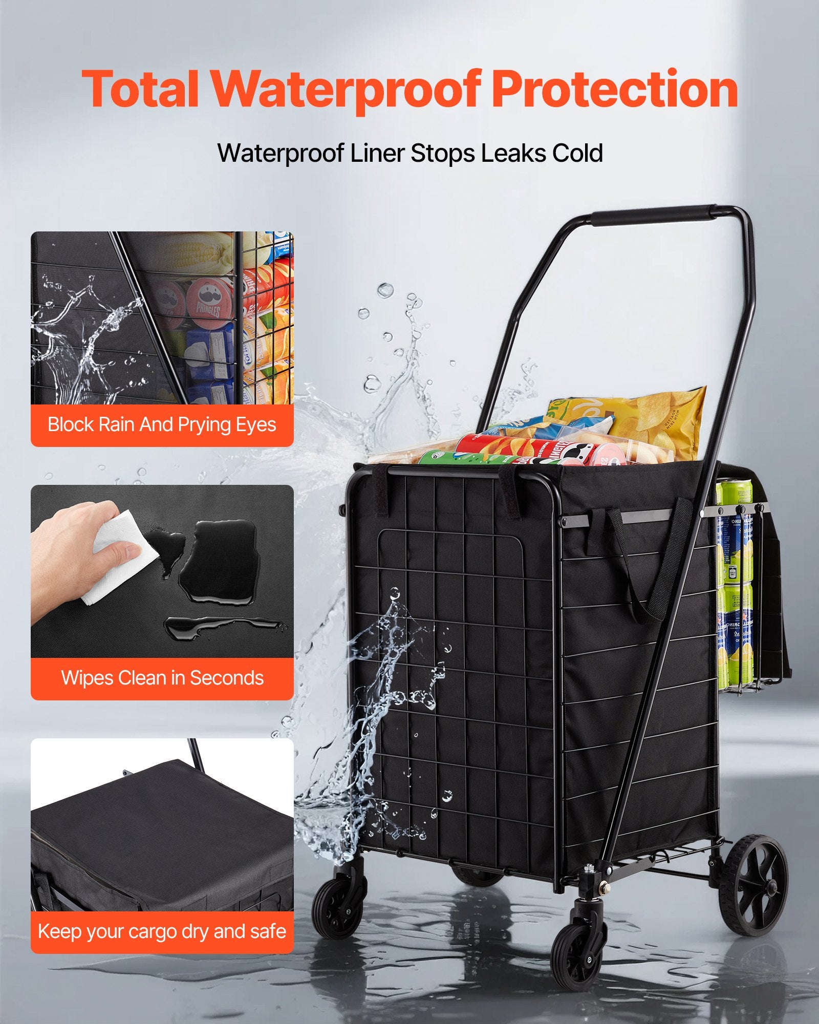 Shopping Cart, Folding Grocery Utility Cart with Dual Baskets, Waterproof Liner & Wheels, 45 KG Large Load V952-XYC2ZDSTCSJSJVKLW001V0