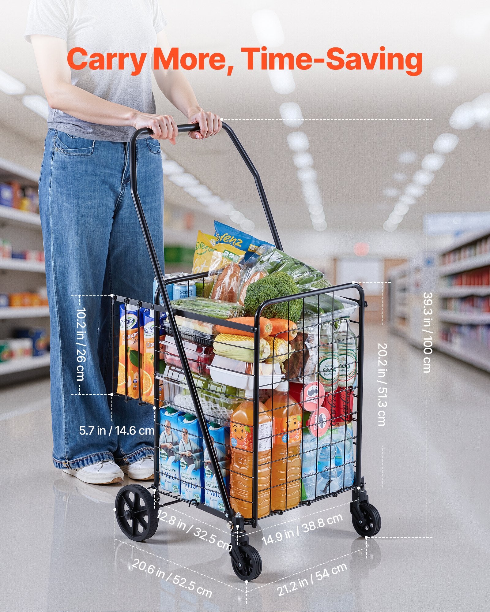 Shopping Cart, Folding Grocery Utility Cart with Dual Baskets, Waterproof Liner & Wheels, 45 KG Large Load V952-XYC2ZDSTCSJSJVKLW001V0