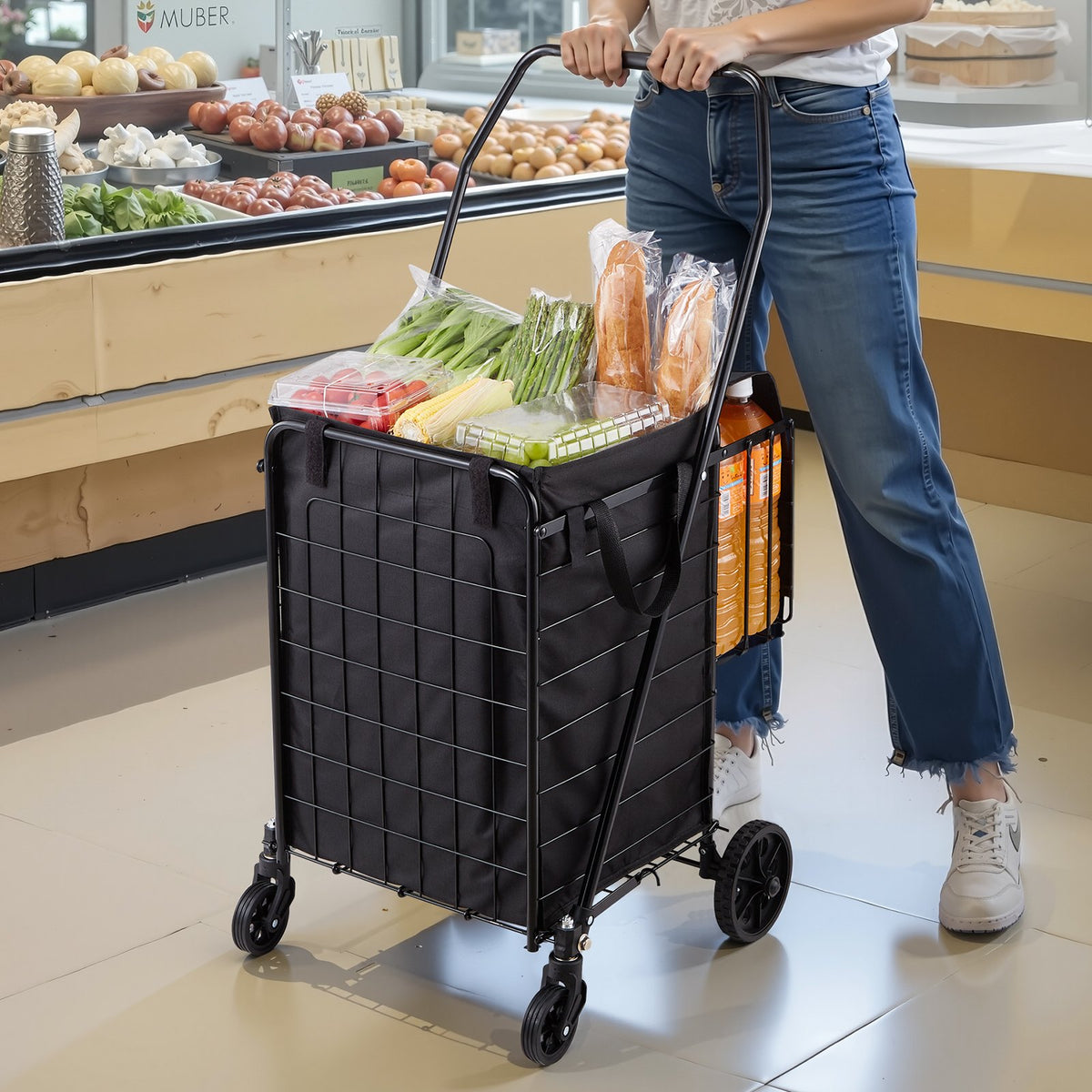 Shopping Cart, Folding Grocery Utility Cart with Dual Baskets, Waterproof Liner & Wheels, 45 KG Large Load V952-XYC2ZDSTCSJSJVKLW001V0