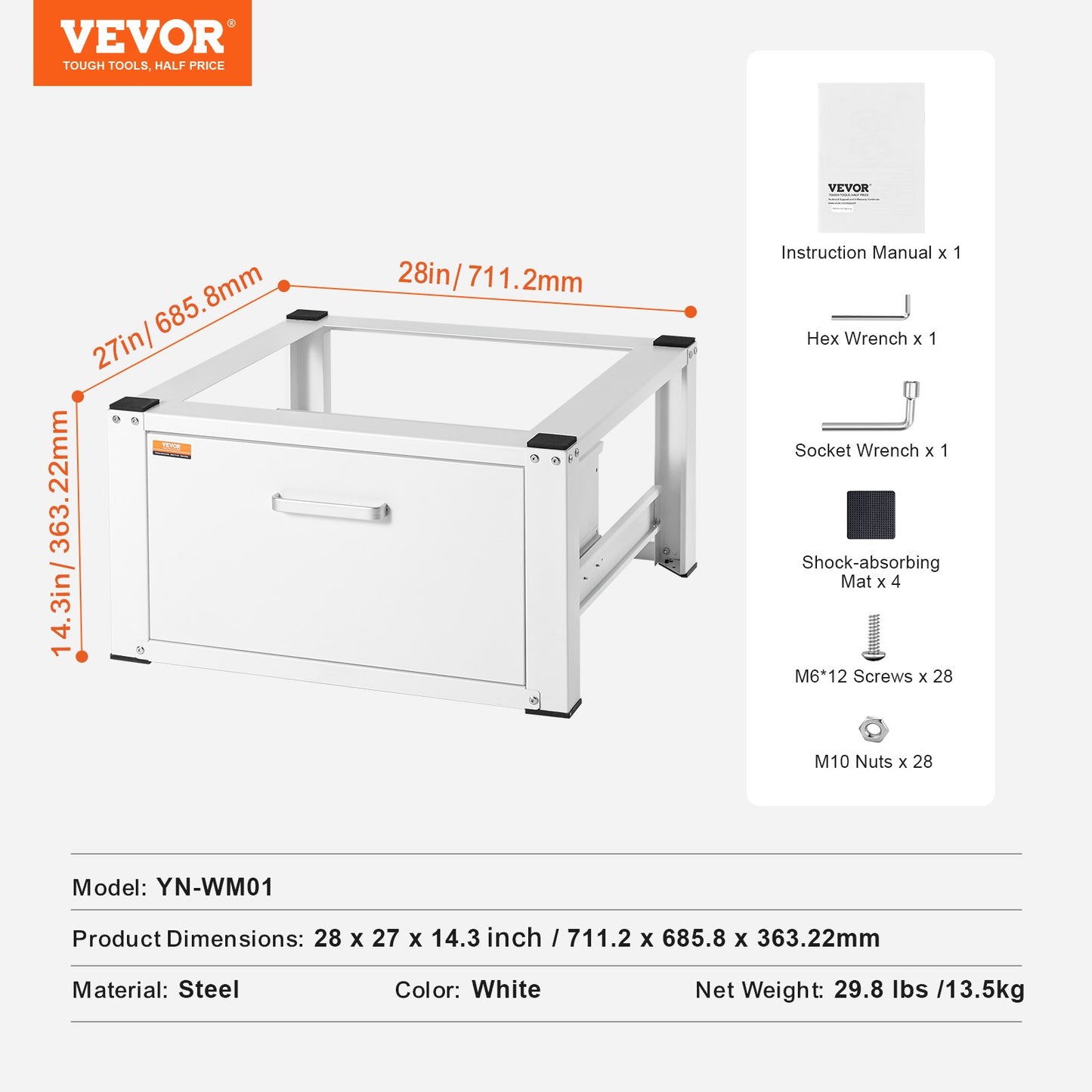 Laundry Pedestal 686mmmW x 366mmH, Washer And Dryer Base Stand Platform Universal Fit 299kg Capacity, Heavy V952-XYJDZDCT2729XCSU3V0