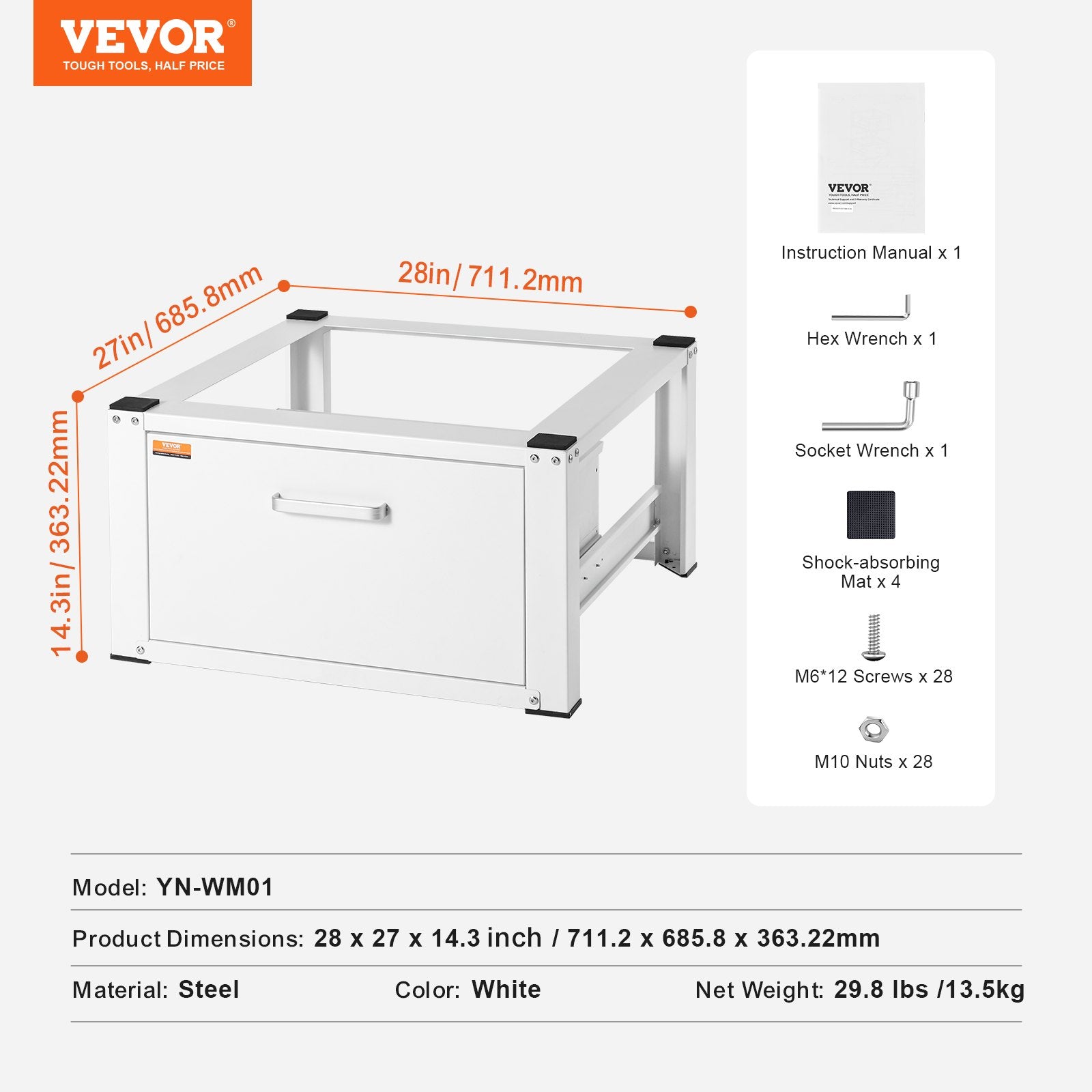 Laundry Pedestal 686mmmW x 366mmH, Washer And Dryer Base Stand Platform Universal Fit 299kg Capacity, Heavy V952-XYJDZDCT2729XCSU3V0