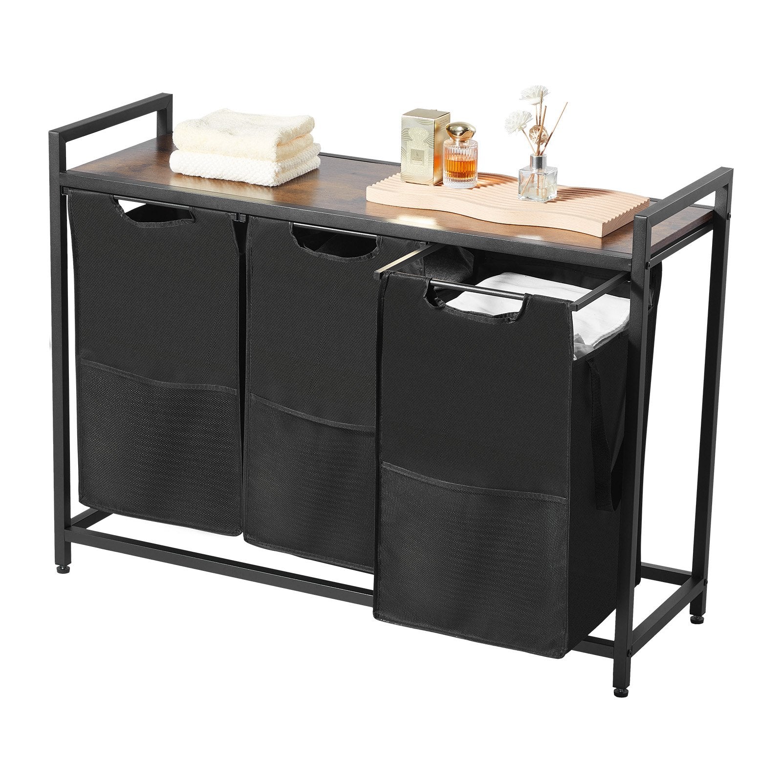 3 Section Laundry Sorter, Large Laundry Hamper with Metal Frame and Wooden Tabletop, Freestanding Storage V952-XYLEKJSMCLS1B584D001V0