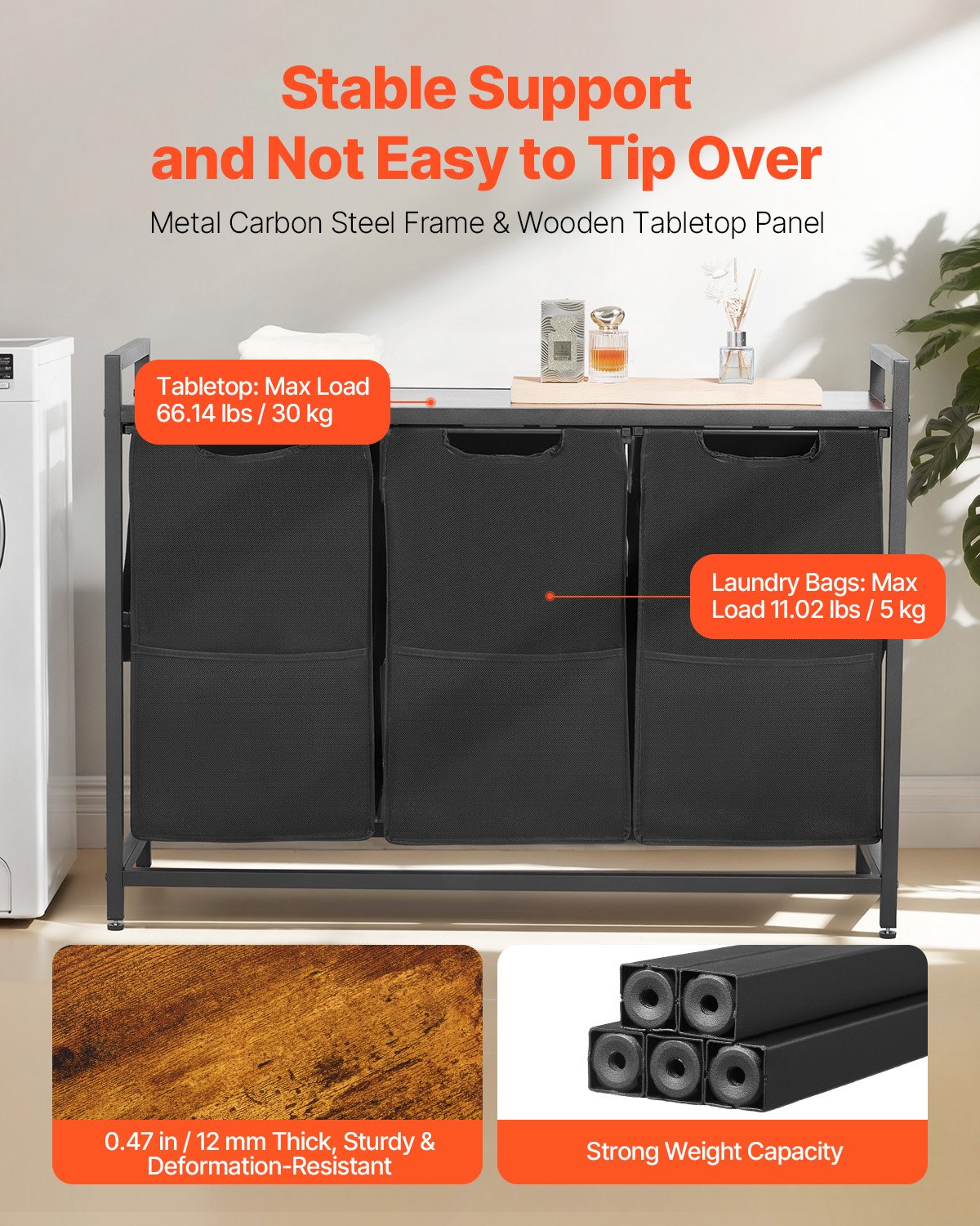 3 Section Laundry Sorter, Large Laundry Hamper with Metal Frame and Wooden Tabletop, Freestanding Storage V952-XYLEKJSMCLS1B584D001V0