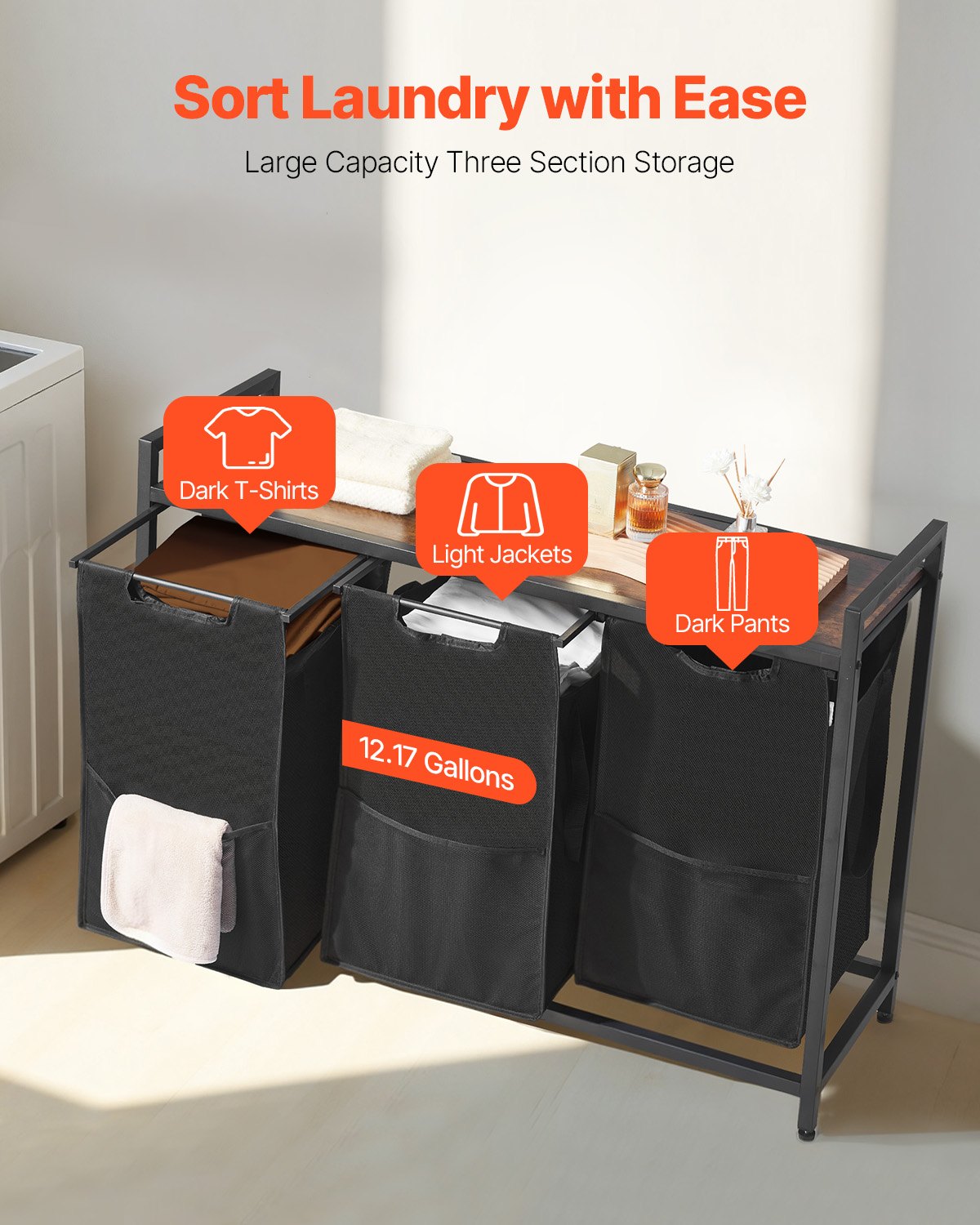 3 Section Laundry Sorter, Large Laundry Hamper with Metal Frame and Wooden Tabletop, Freestanding Storage V952-XYLEKJSMCLS1B584D001V0